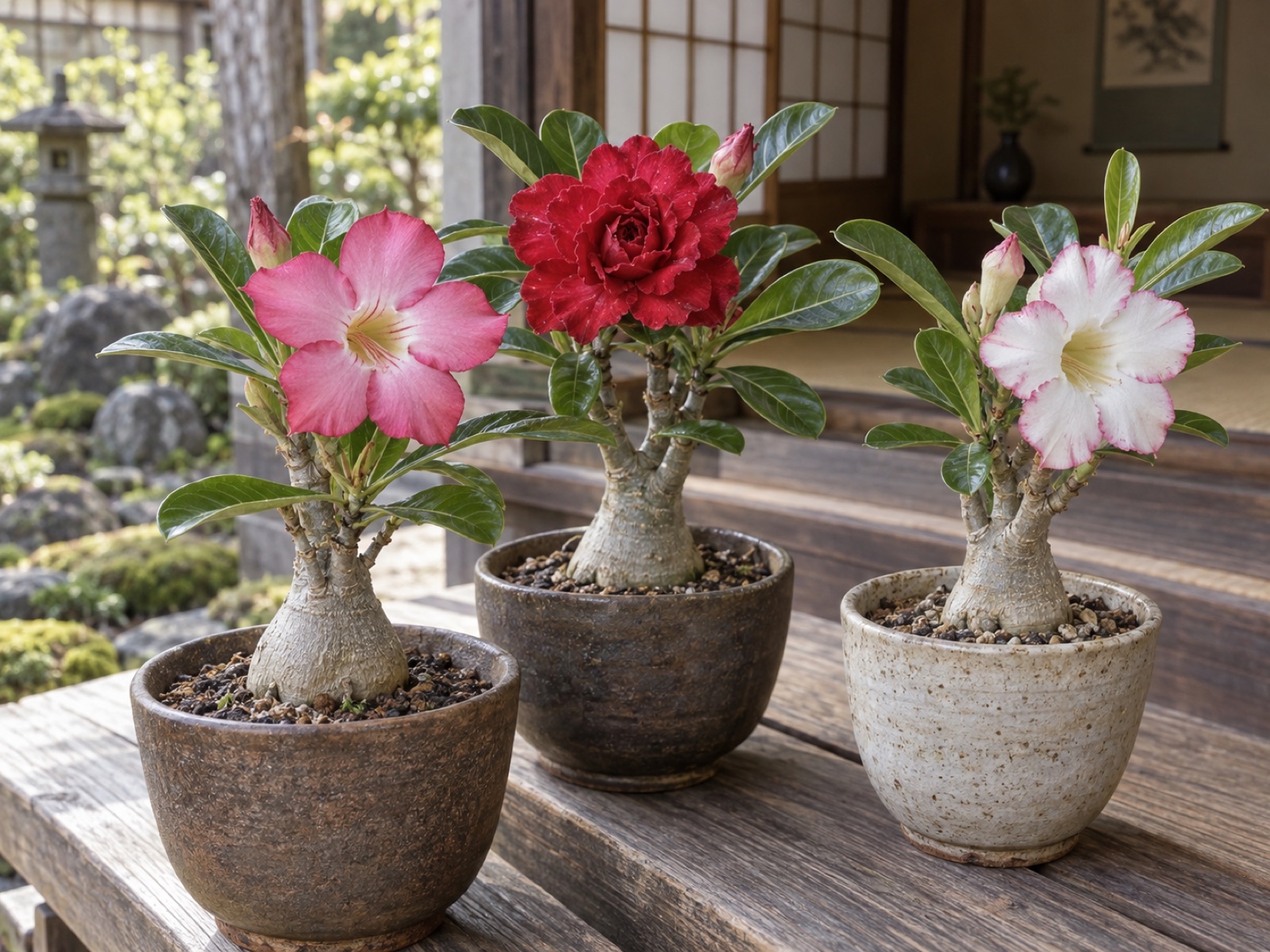 木のベンチに小さなアデニウムの鉢が並び、白い喉のピンクの一重咲き、花びらが重なった赤い八重咲き、白い花弁にピンクの縁取りが入った花がそれぞれ咲いている