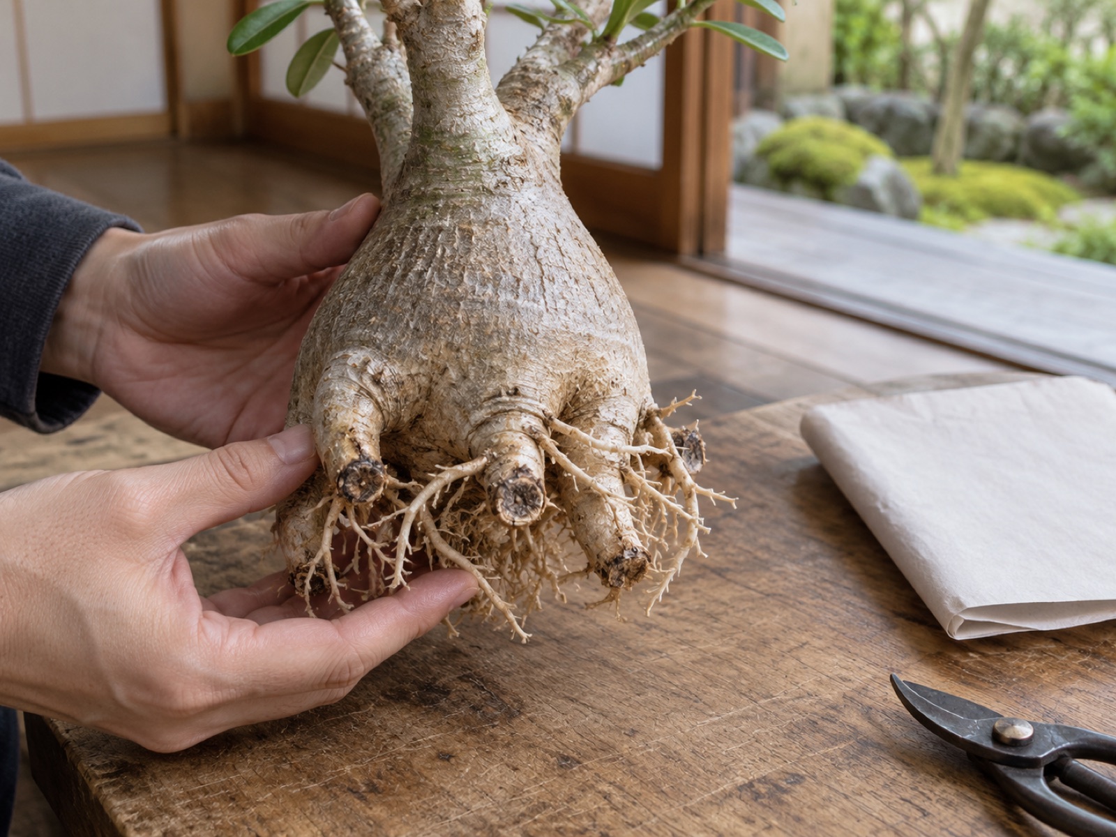 根を短く切り詰めた塊根植物の株元のアップ。切り口は乾いて締まり、短い根が数本残っている。傍らに新聞紙と園芸ばさみ