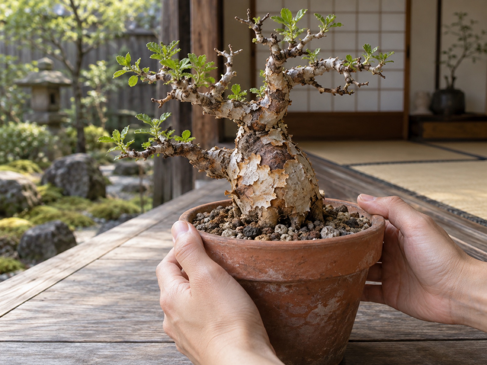 素焼きの鉢に植えられたコミフォラを、両手でそっと支えて確かめている手元。短くふくらんだ幹に紙のような樹皮が剥がれ、ねじれた枝の先に小さな緑の葉が出ている