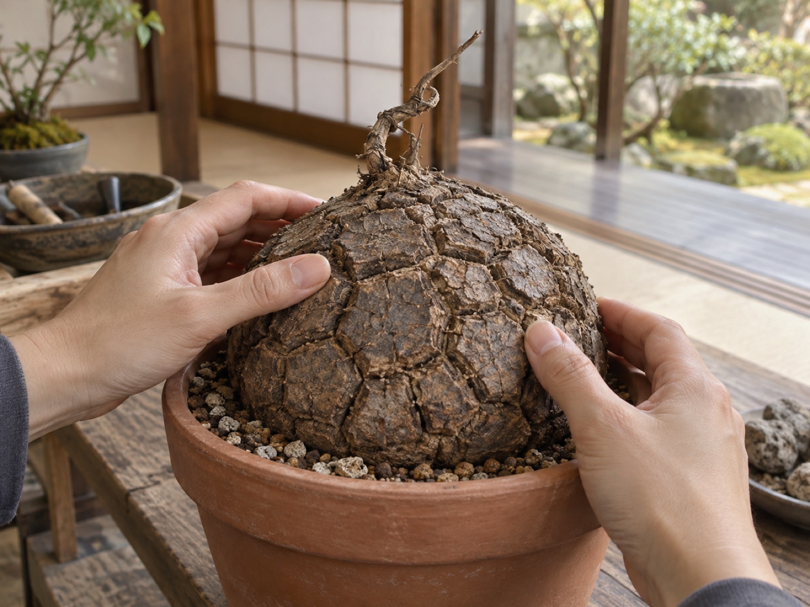 休眠中で葉のない亀甲竜の塊根を、両手で軽く押して硬さを確かめている手元。素焼き鉢に植わったドーム形の塊根に、多角形の甲羅模様が並んでいる