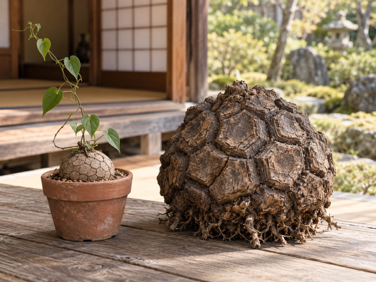 鉢に植わった小さな実生の亀甲竜と、根を短く整理された大きな現地球の亀甲竜が、縁側の板の上に並んでいる。現地球は甲羅の一枚一枚が厚く盛り上がっている