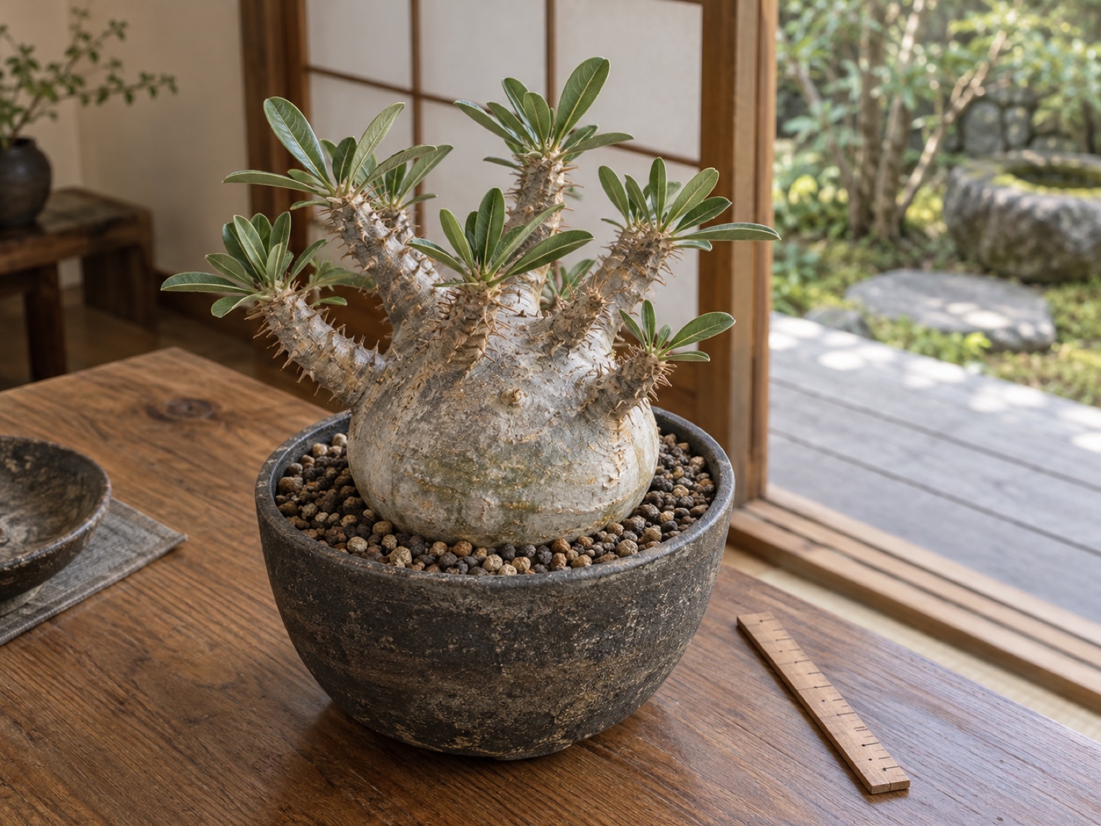 鉢植えのデンシフローラムを斜め上から見たところ。丸く太った銀灰色の幹から棘のある枝が数本広がり、鉢の横に小さな定規が置かれている