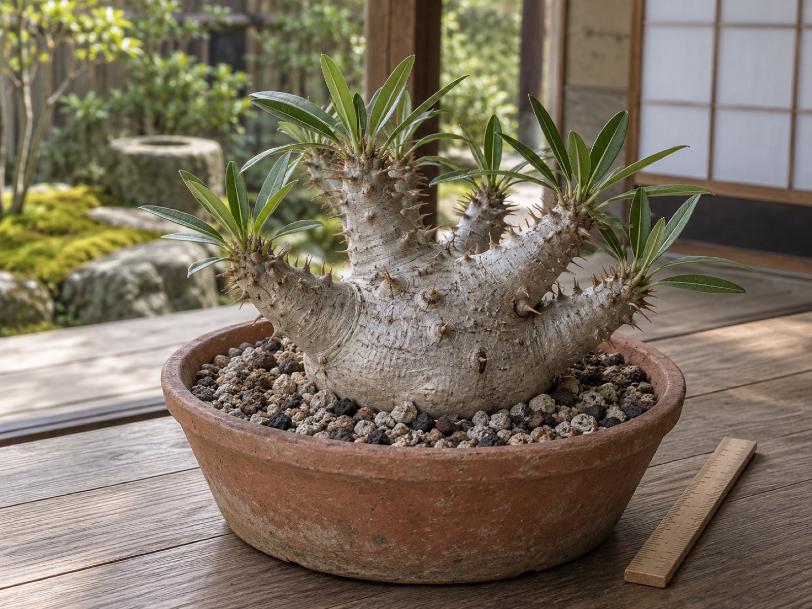 素焼きの浅鉢に植えたホロンベンセを斜め上から見たところ。ふくらんだ銀灰色の低い幹から棘のある太い枝が数本広がり、鉢の横に小さな定規が置かれている
