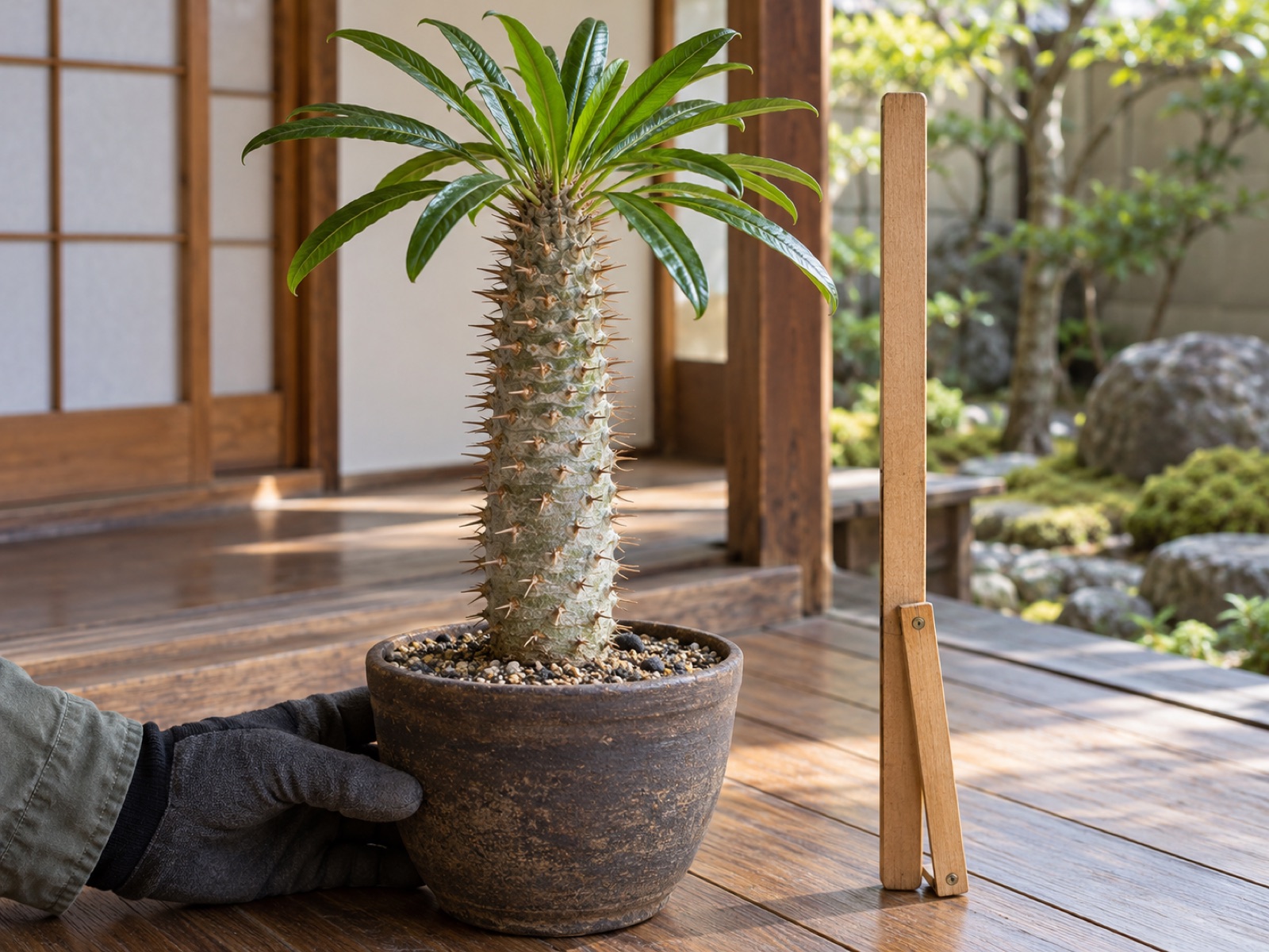 鉢植えのパキポディウム・ラメリーを横から見たところ。棘の並ぶ灰緑色の柱状の幹の頂につやのある細長い葉が広がり、鉢の横に高さを測る木の折り尺が立ててある