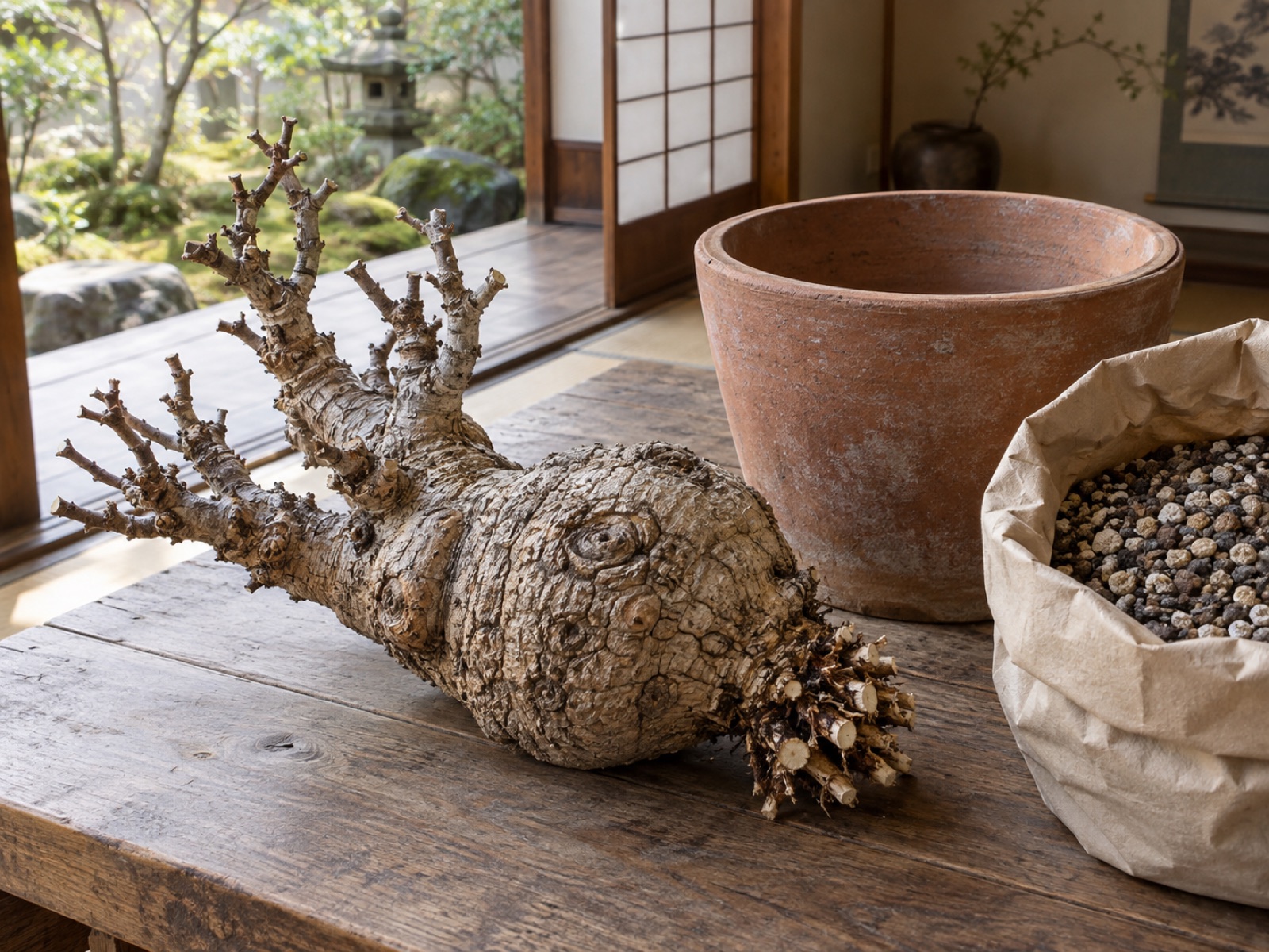 土が付いていない状態の、ごつごつしたコルク質の太い幹をもつパキプスが木の台に横たえられ、切り詰められた根の束が見えている。横に空の素焼き鉢と粗い用土の袋