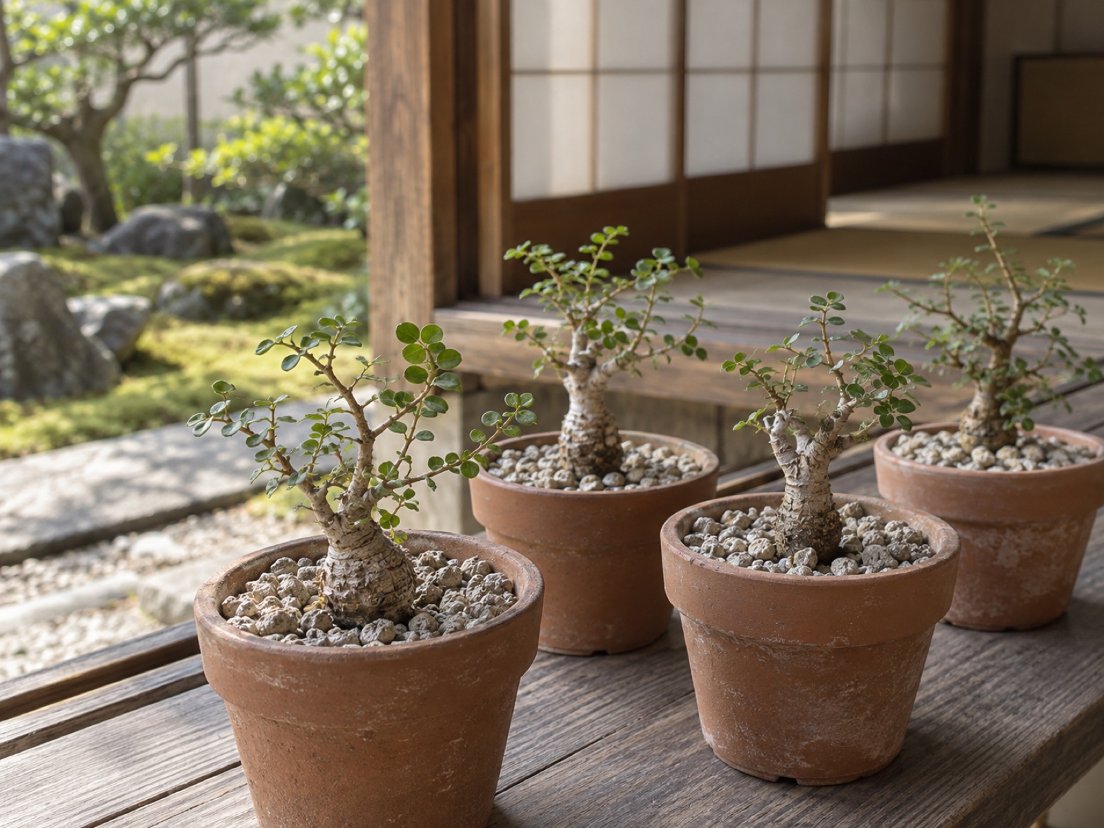 素焼きの小さな鉢に植えられたパキプスの実生苗が4鉢並び、どれも株元がわずかに膨らみ、細い枝に小さな丸い葉がついている
