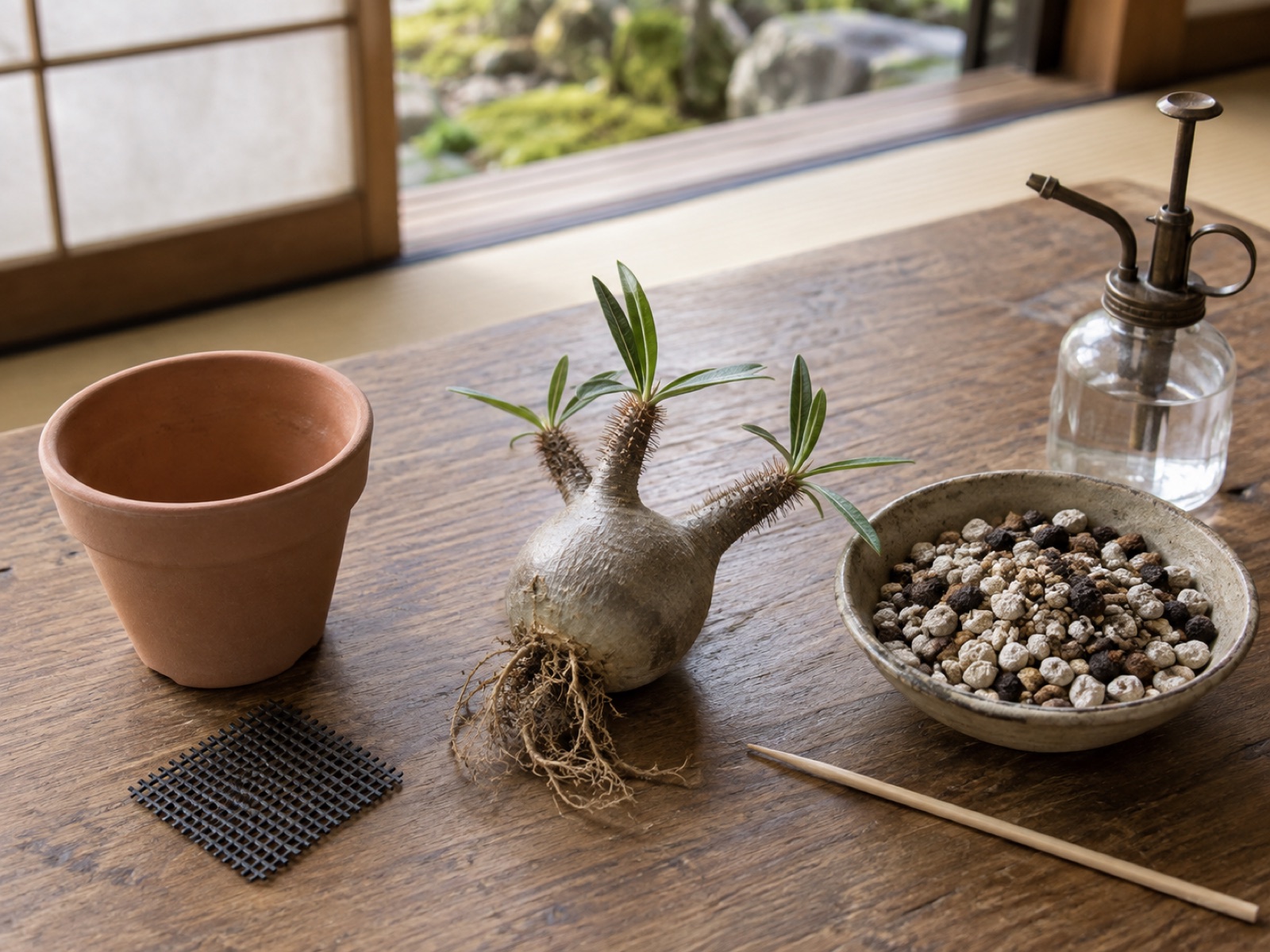 素焼きの鉢、粒の粗い用土、鉢底網、竹串、霧吹きと、小さな塊根植物の株が木のテーブルに並んでいる