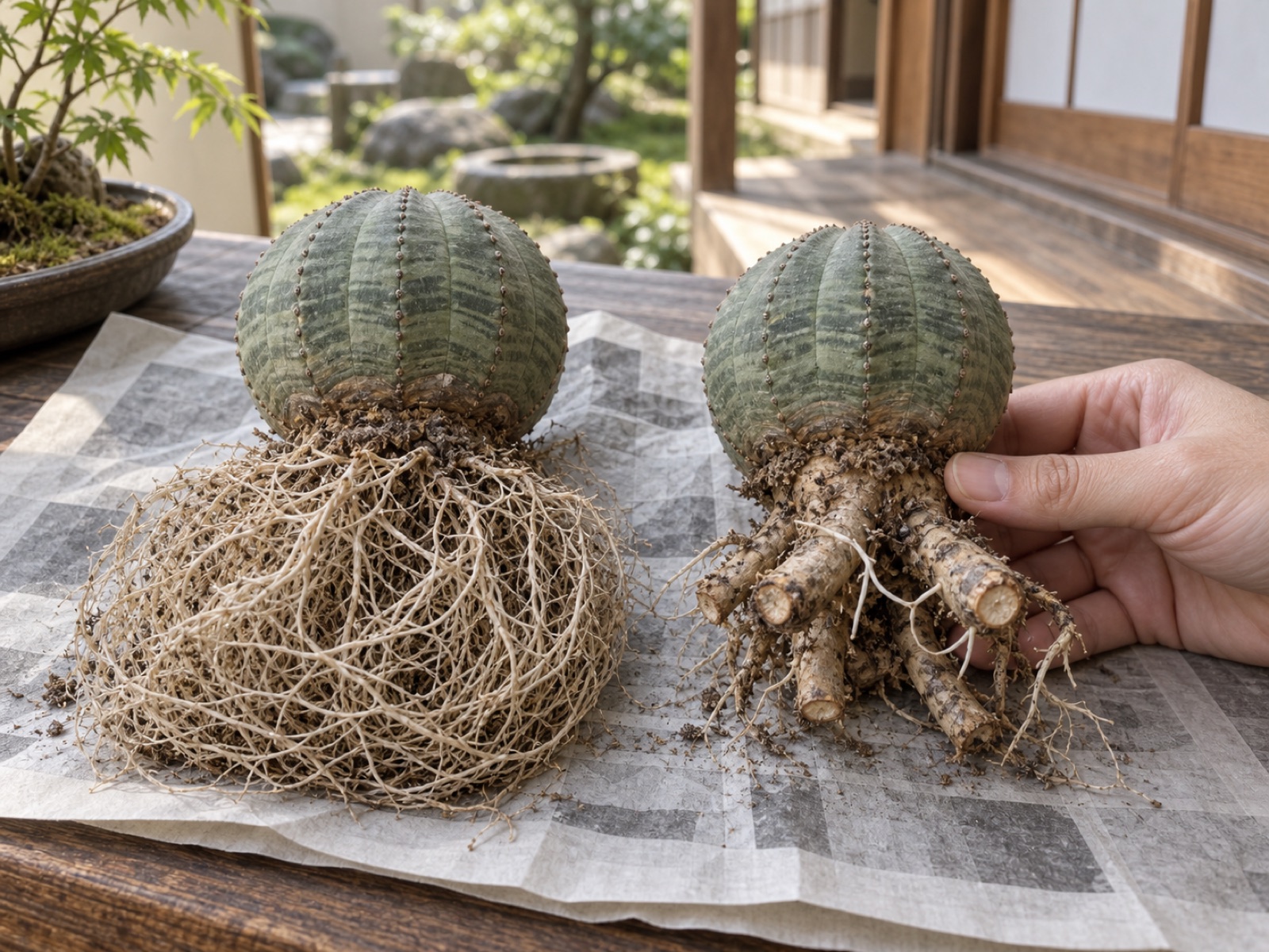 鉢から抜いたオベサ2株の根の比較。左は細い根が広く張り、右は根が短く切り詰められている