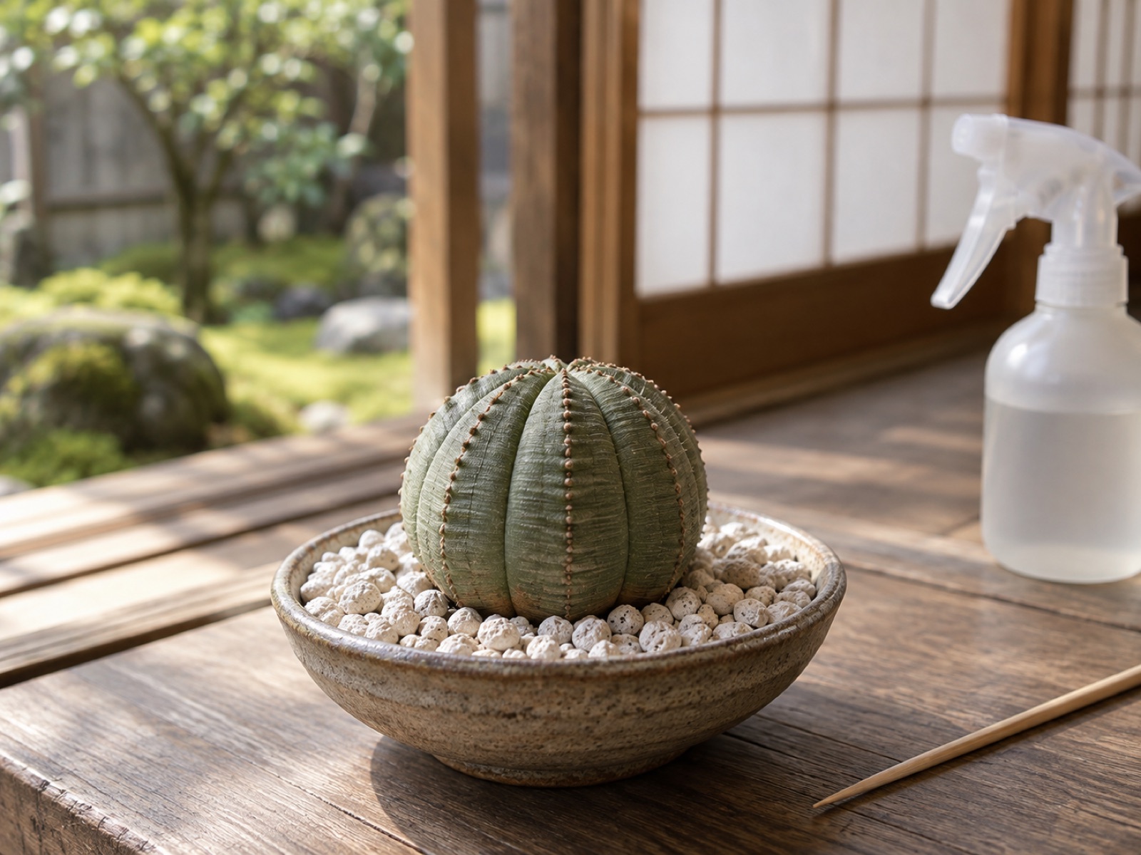 浅い鉢の軽石に据えて発根を待つオベサ。傍らに霧吹きと竹串