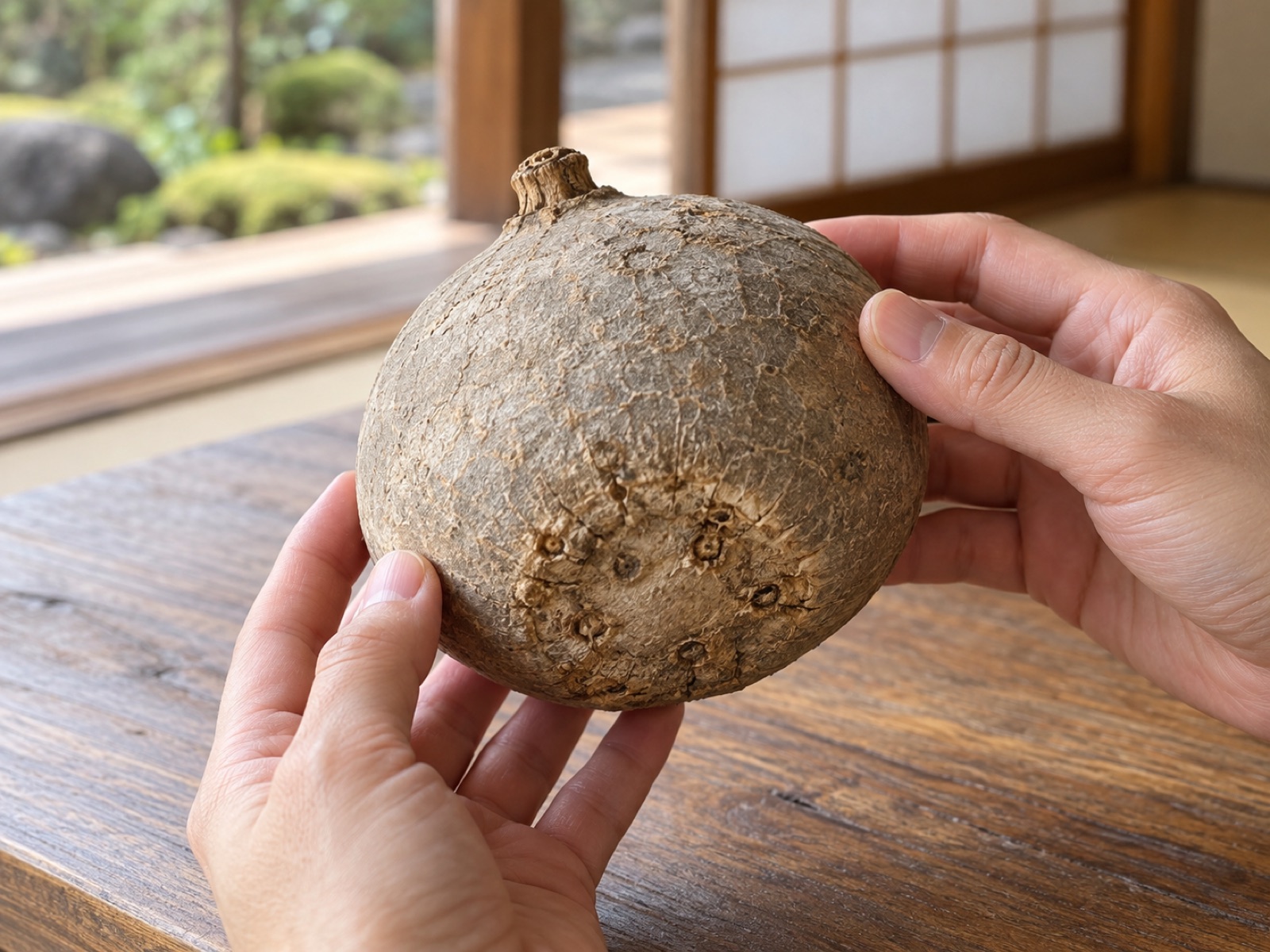根のないステファニア・エレクタの丸い球を両手で持ち、底面に点々と残る根の跡を確かめている手元。球の頂点には小さな木質の突起がある