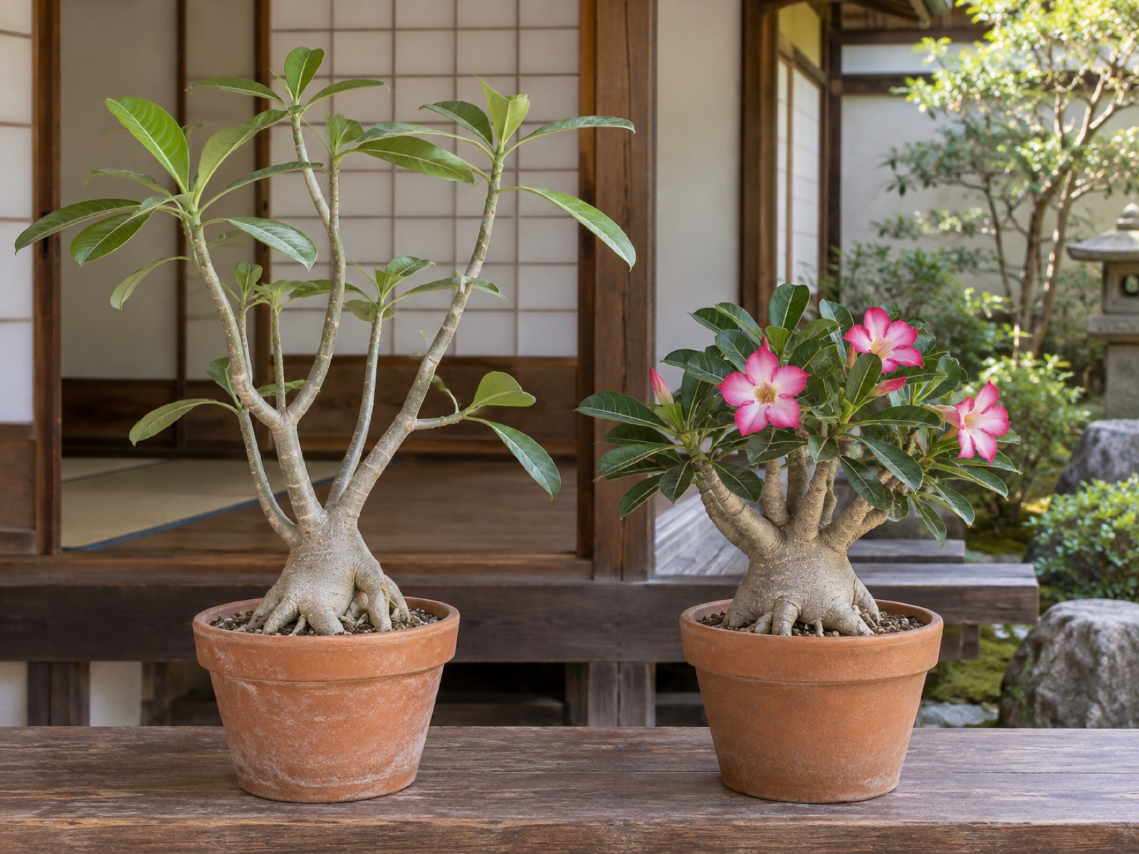肥料が多く細長い枝に淡い大きな葉がついたアデニウムと、短い枝に濃い緑の葉とピンクの花をつけた締まったアデニウムが並んでいる