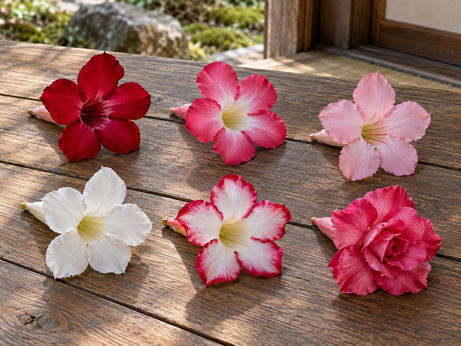 木の縁側に並べた6輪のアデニウムの花。上段左から濃い赤、喉が白い濃いピンク、淡いピンクの一重咲き。下段左から白の一重咲き、白地に赤い縁取りの覆輪、花びらが幾重にも重なった濃いピンクの八重咲き