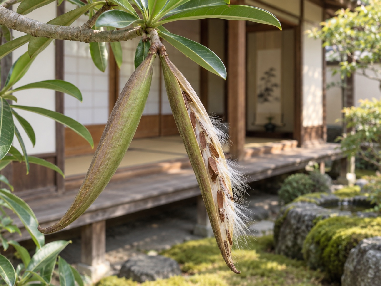 アデニウムの枝先から下がる細長い2本の種のさや。片方が縦に割れ、茶色の細長い種と白い綿毛がのぞいている