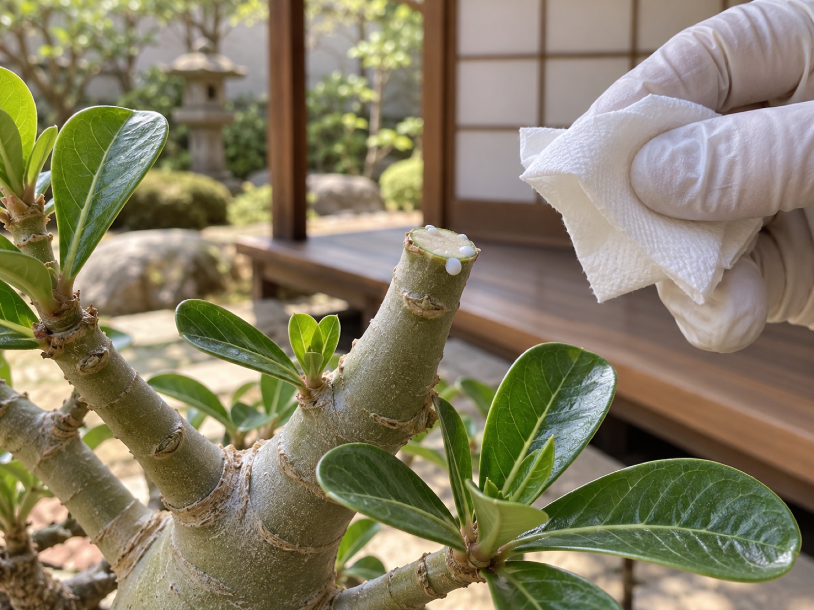 剪定したばかりのアデニウムの枝。滑らかな灰緑色の枝の平らな切り口に白い乳液が数滴にじみ、手袋をした手がティッシュを持っている