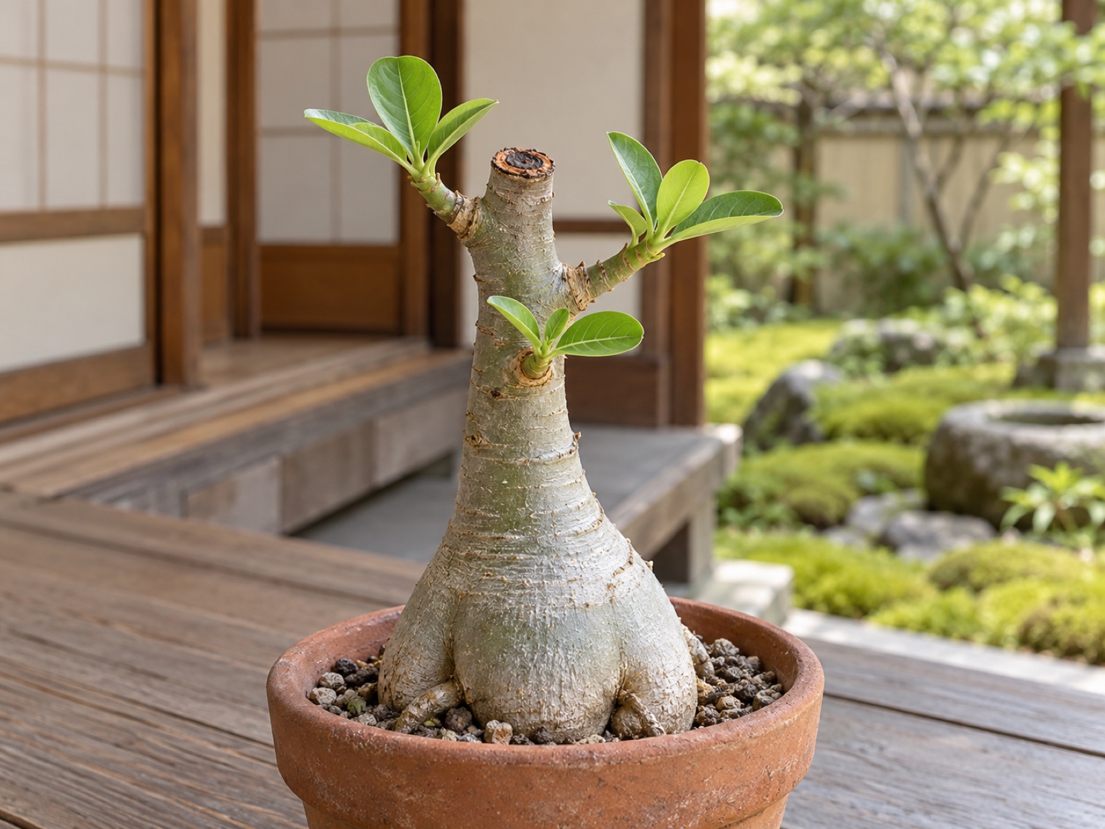 先端を切ってから数週間たったアデニウム。乾いてふさがった幹の切り口の下から、明るい緑の葉をつけた新しい枝が3本伸びている