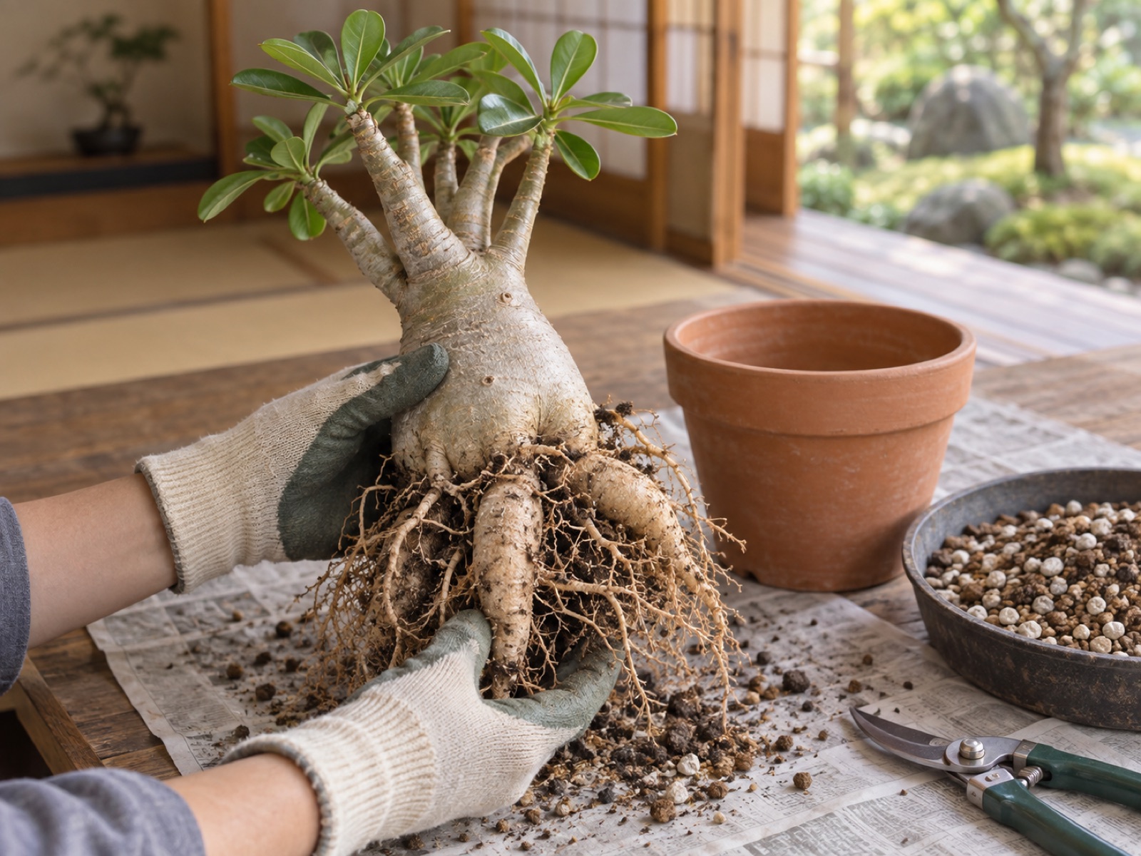 植え替えで鉢から抜いたアデニウム。膨らんだ幹の下から太い根が放射状に広がっている