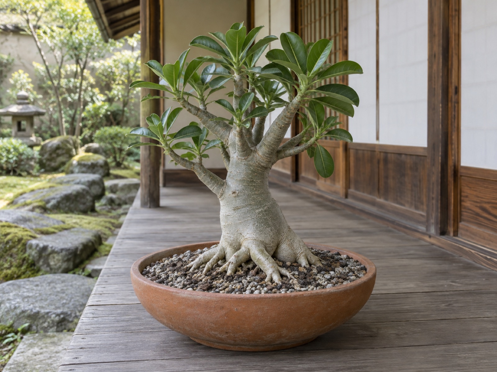 浅く広い素焼き鉢に植え替えたアデニウム。粒の粗い用土の上に太い根の上部が少しのぞき、軒下の明るい日陰に置かれている
