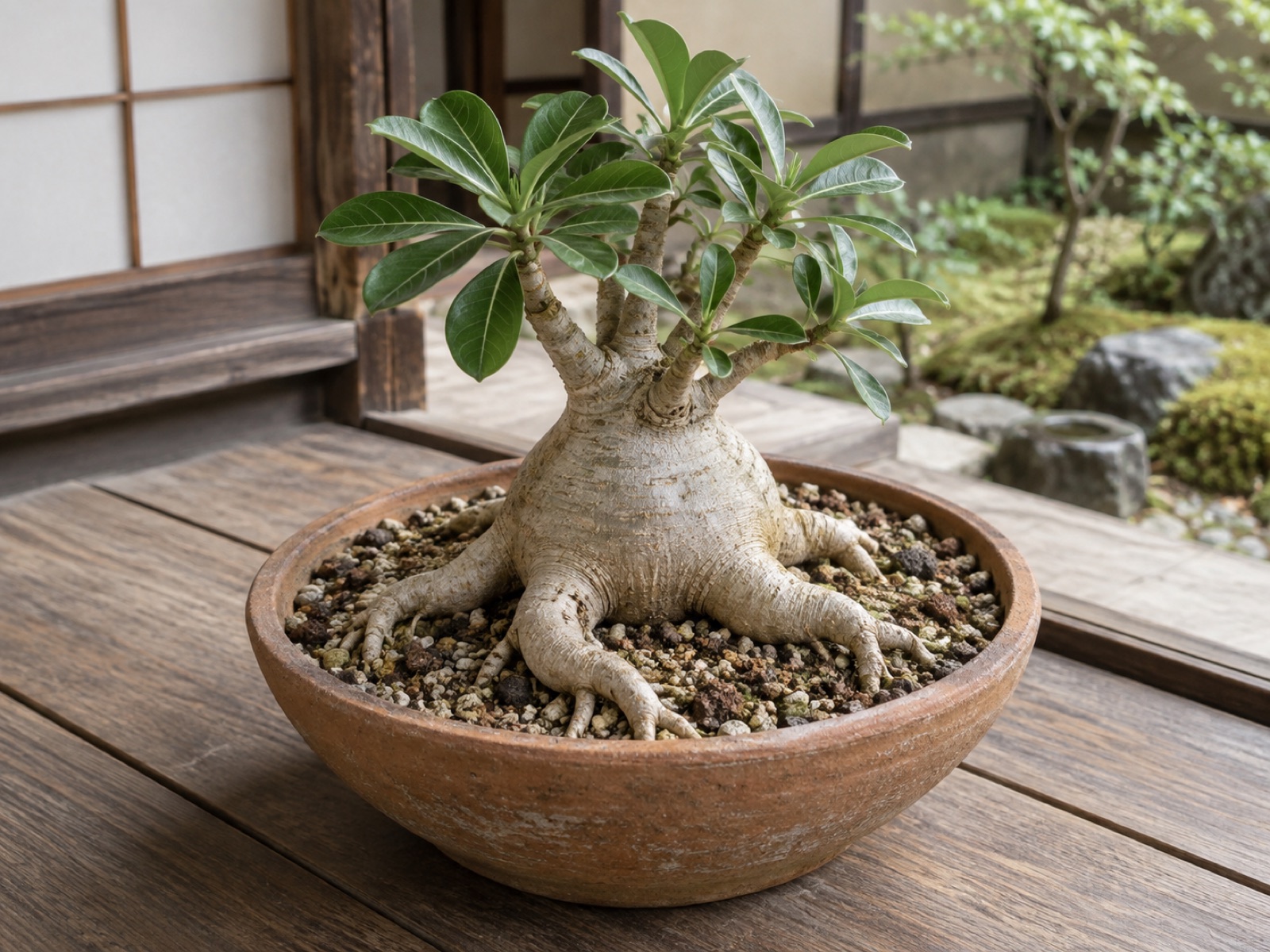 浅い平鉢に高く植えたアデニウム。膨らんだ幹の下から太い根が土の上に放射状に張り出している