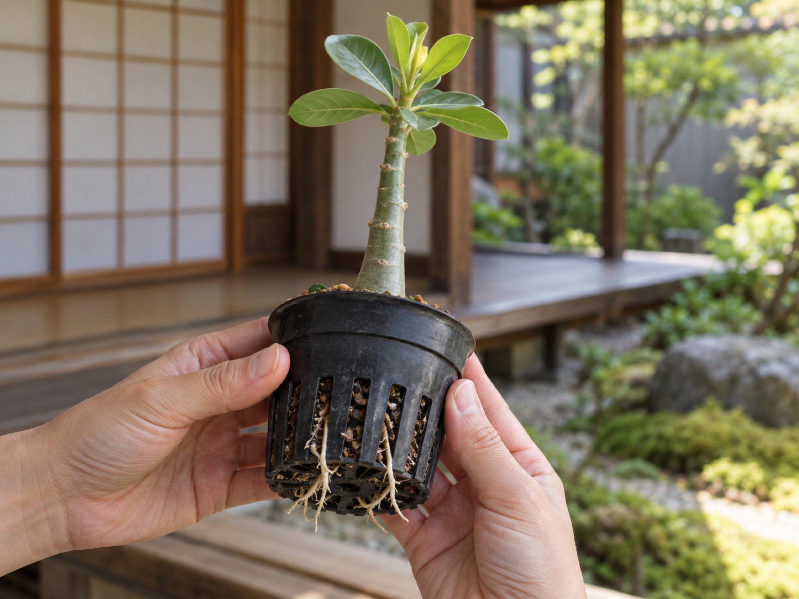 黒いスリット鉢を両手で持ち、鉢の下から白く細い根がのぞいている様子。鉢には灰緑色の細いアデニウムの挿し木苗が立ち、先端に明るい緑の葉が開いている