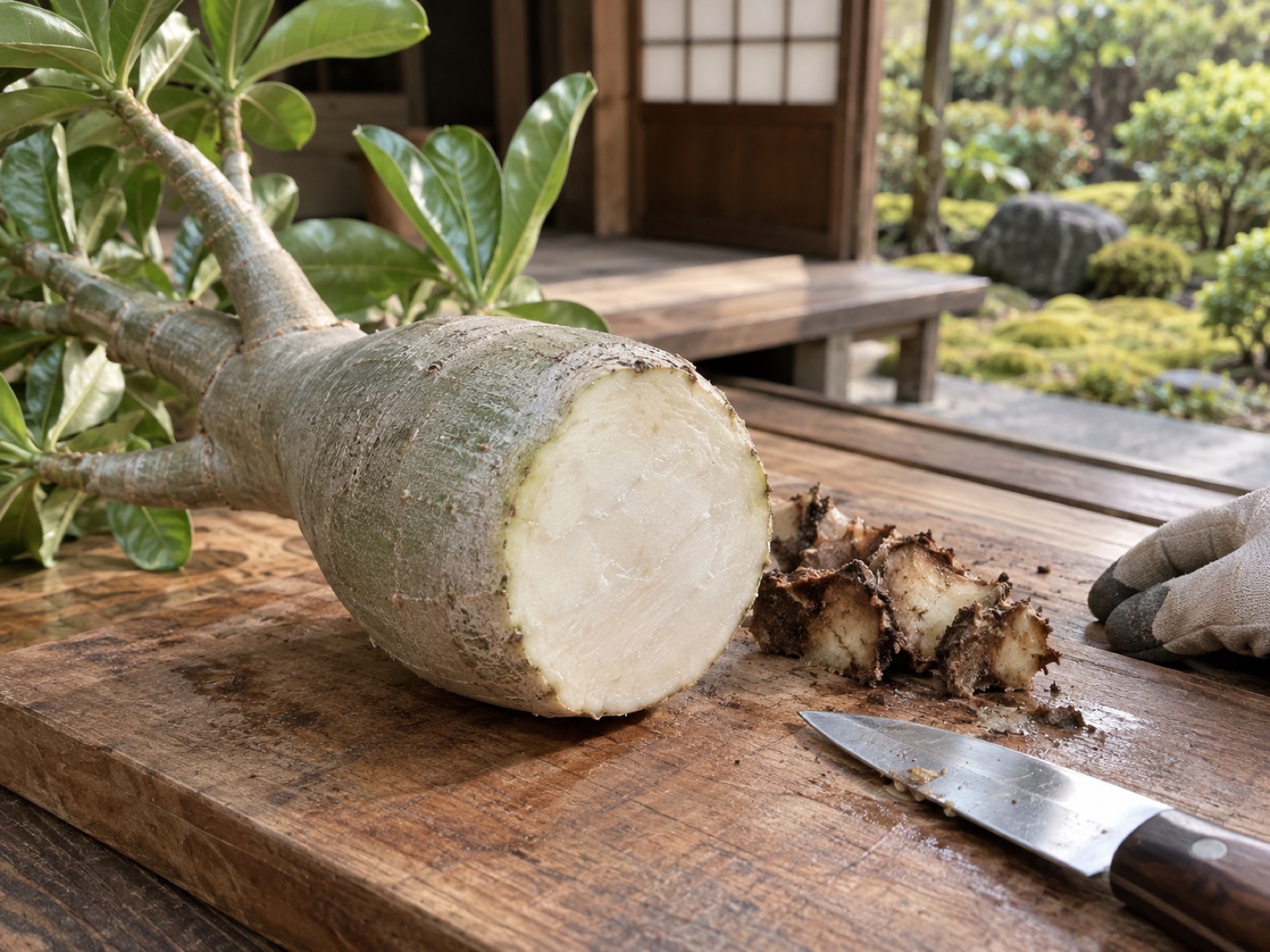 アデニウムの幹の下部を切り落としたあとの断面。白く締まった組織が出ていて、横に切り取った茶色い組織と刃物が置かれている