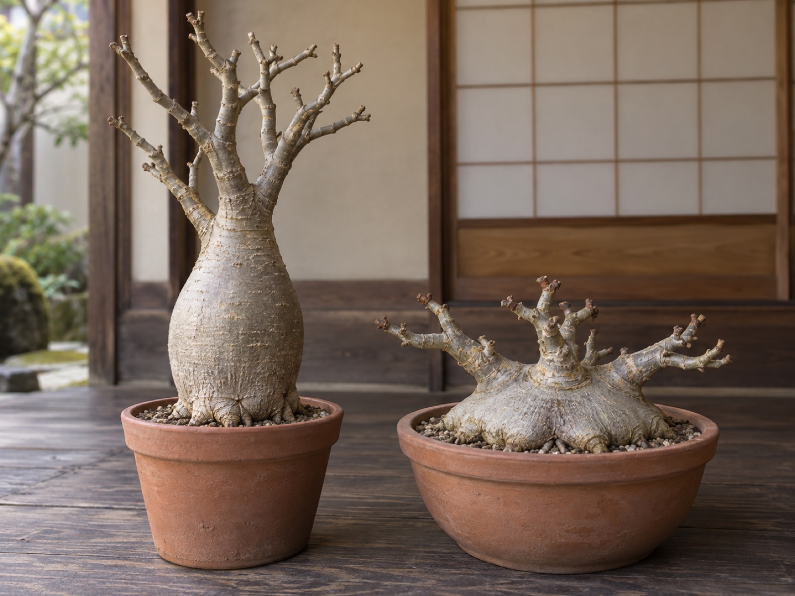 素焼き鉢に植えられた葉のない2株のアデニウム。左は壺のように縦に膨らんだ幹から枝が上へ伸び、右は低く横に大きく広がった幹から短い枝が出ている