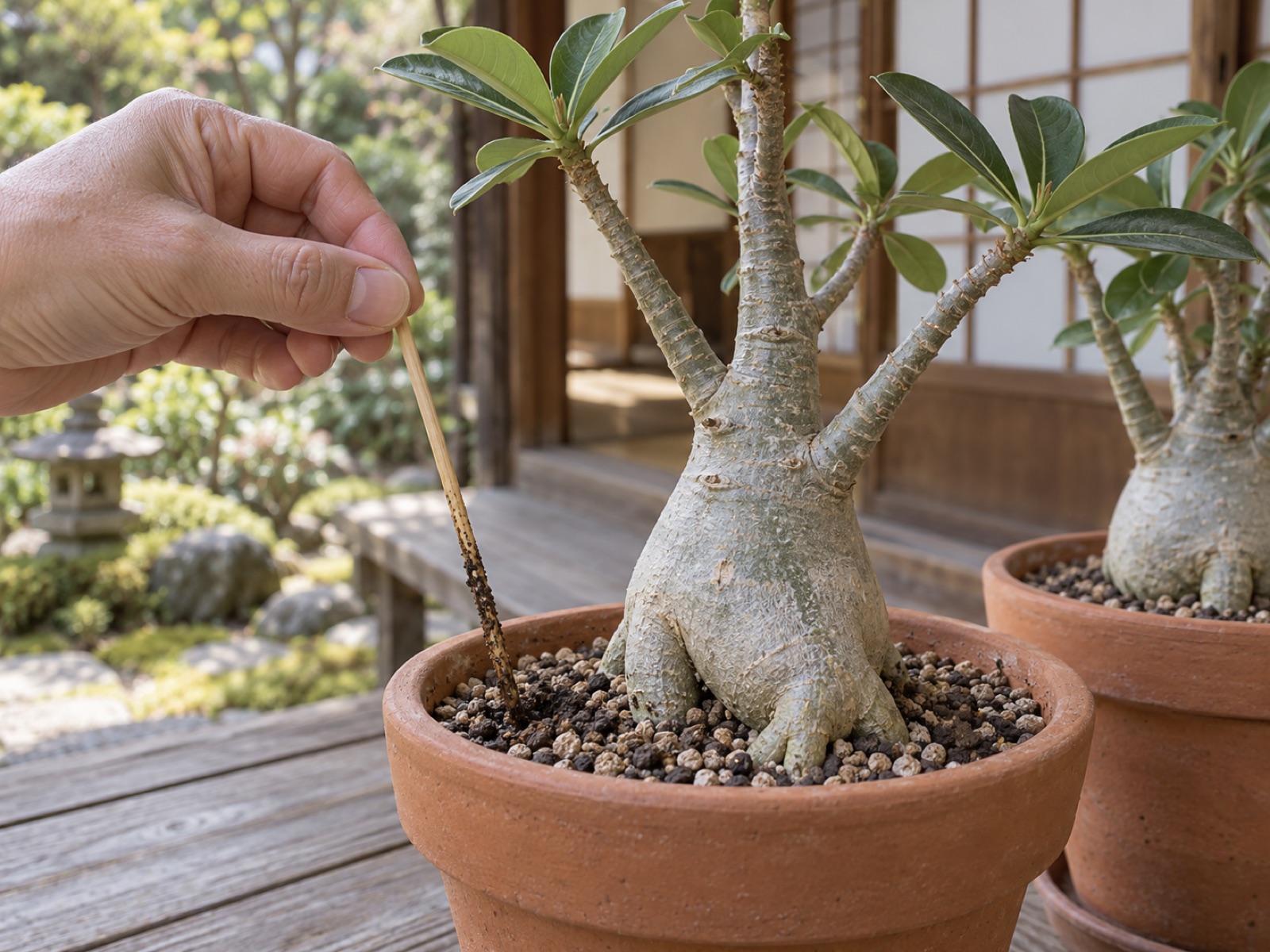 素焼き鉢に植えたアデニウムの土から竹串を抜き、湿り気を確かめている手元