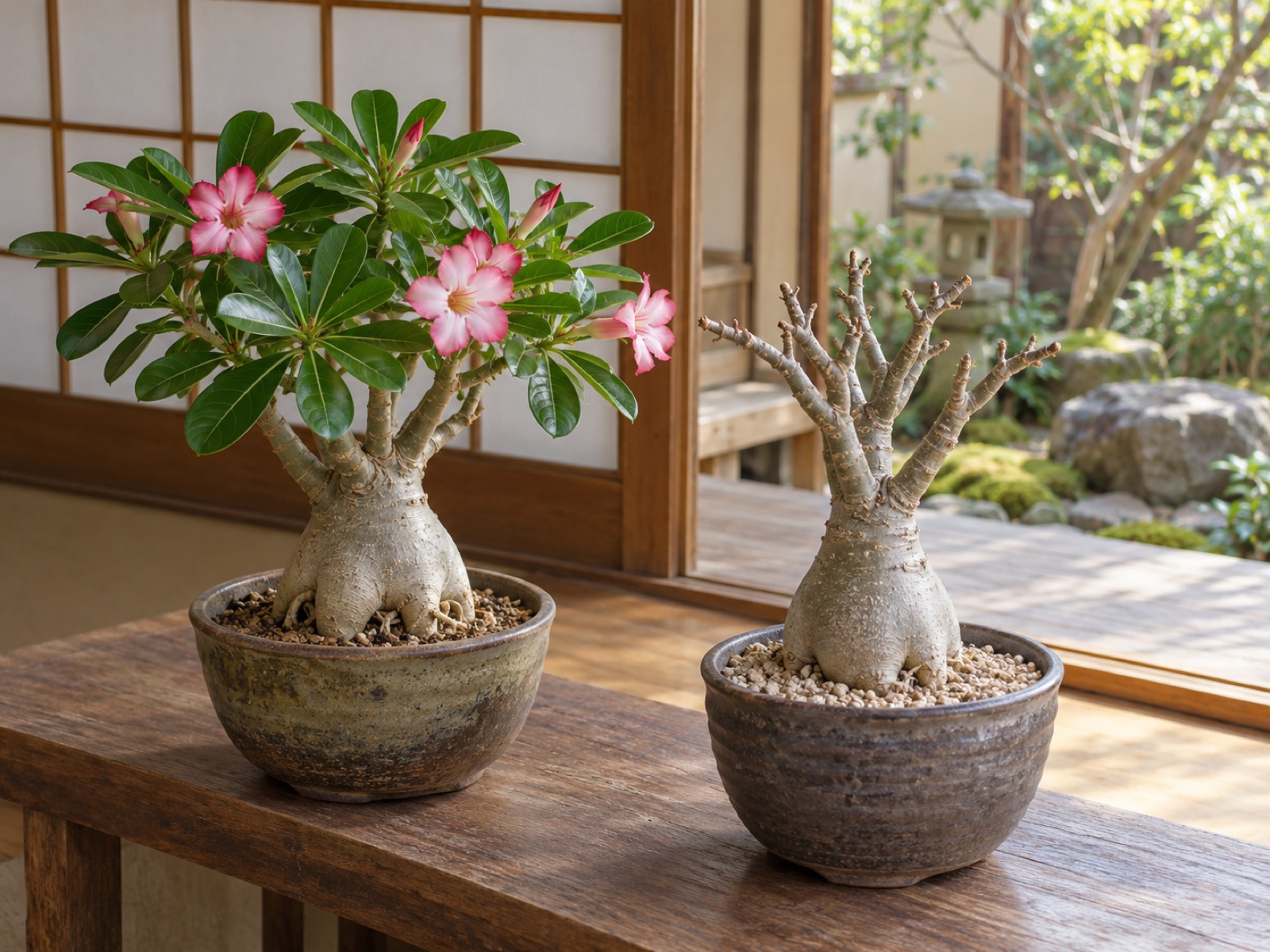 葉と花をつけて育つアデニウムと、葉を落として休むアデニウムが木の棚に並んでいる