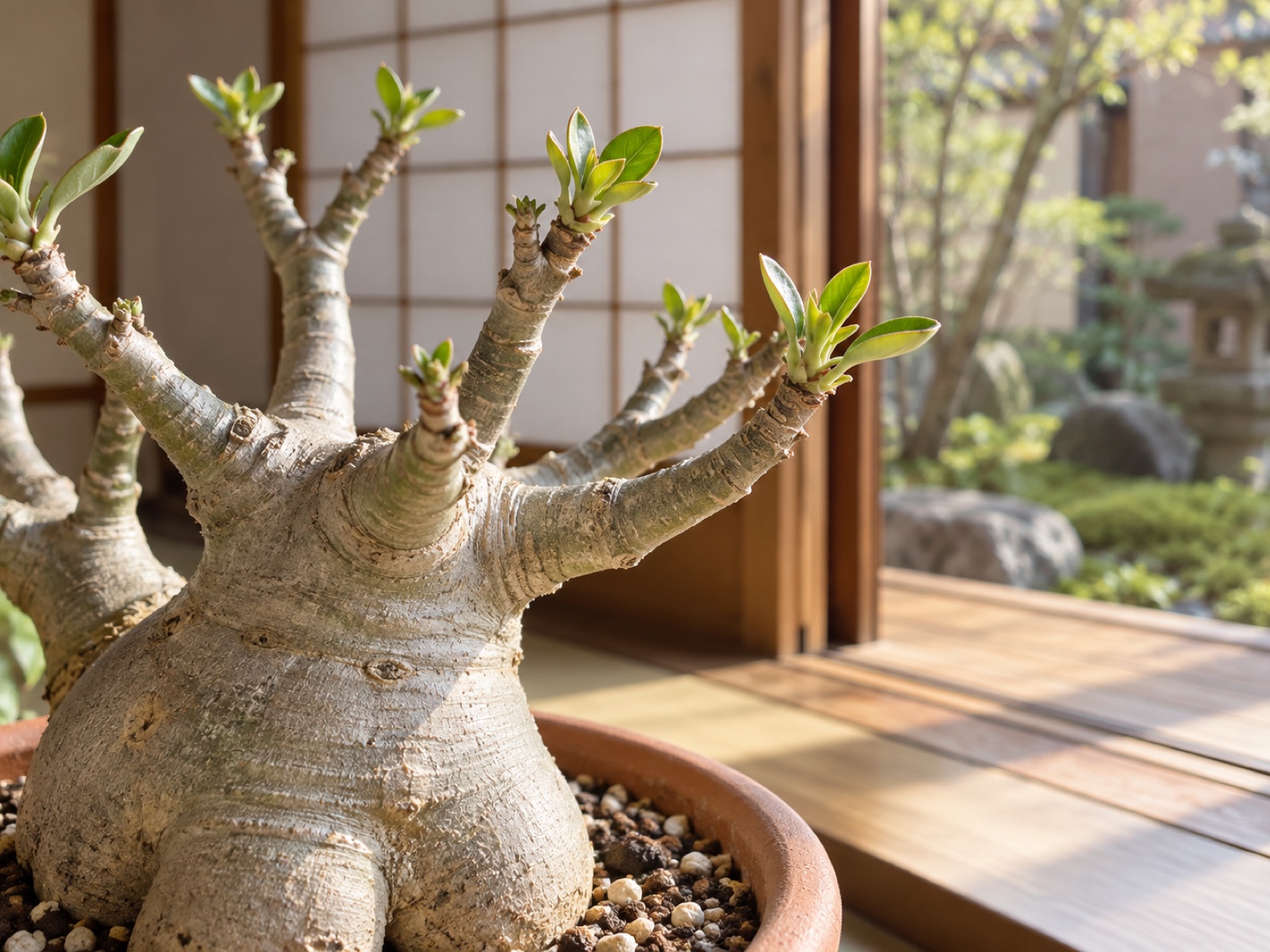 春先に、葉を落としていたアデニウムの枝先から小さな緑の新芽が出はじめている