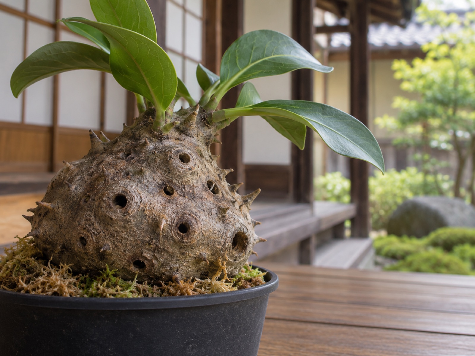 短いトゲに覆われた灰褐色のミルメコディアの塊茎。表面に小さな丸い穴がいくつか開き、頂部に厚みのある緑の葉が付いている