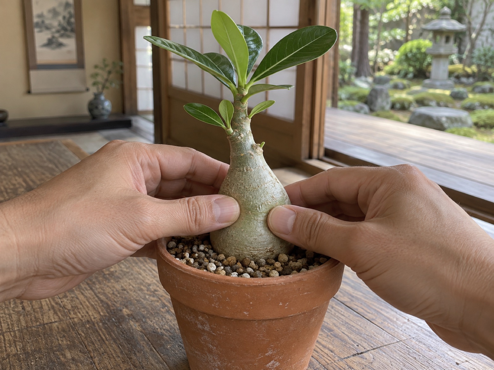 小さな素焼き鉢に植わったアデニウムの若い株の、膨らんだ根元を両手で軽く押して硬さを確かめている手元