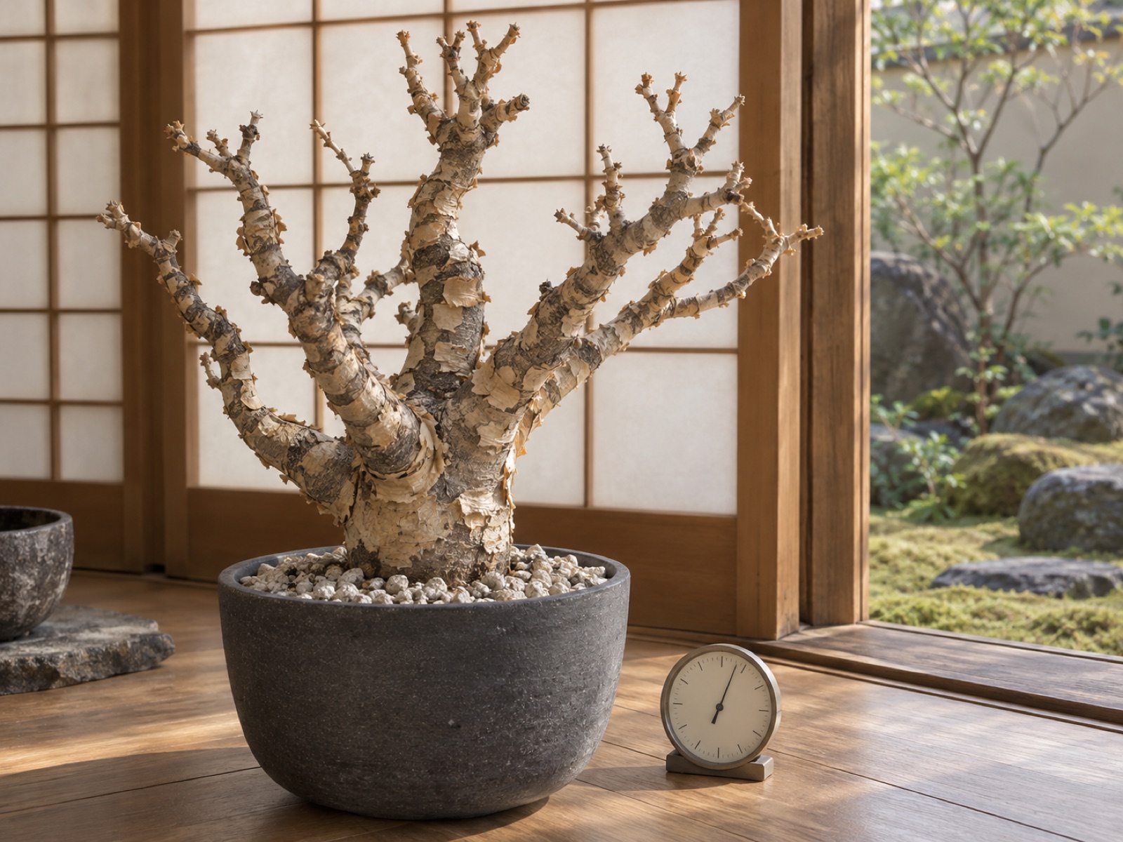 冬の明るい室内の窓辺に置かれた、葉をすべて落としたボスウェリア・ネグレクタの鉢植え。剥がれた樹皮の幹と枝だけになり、用土は乾いている