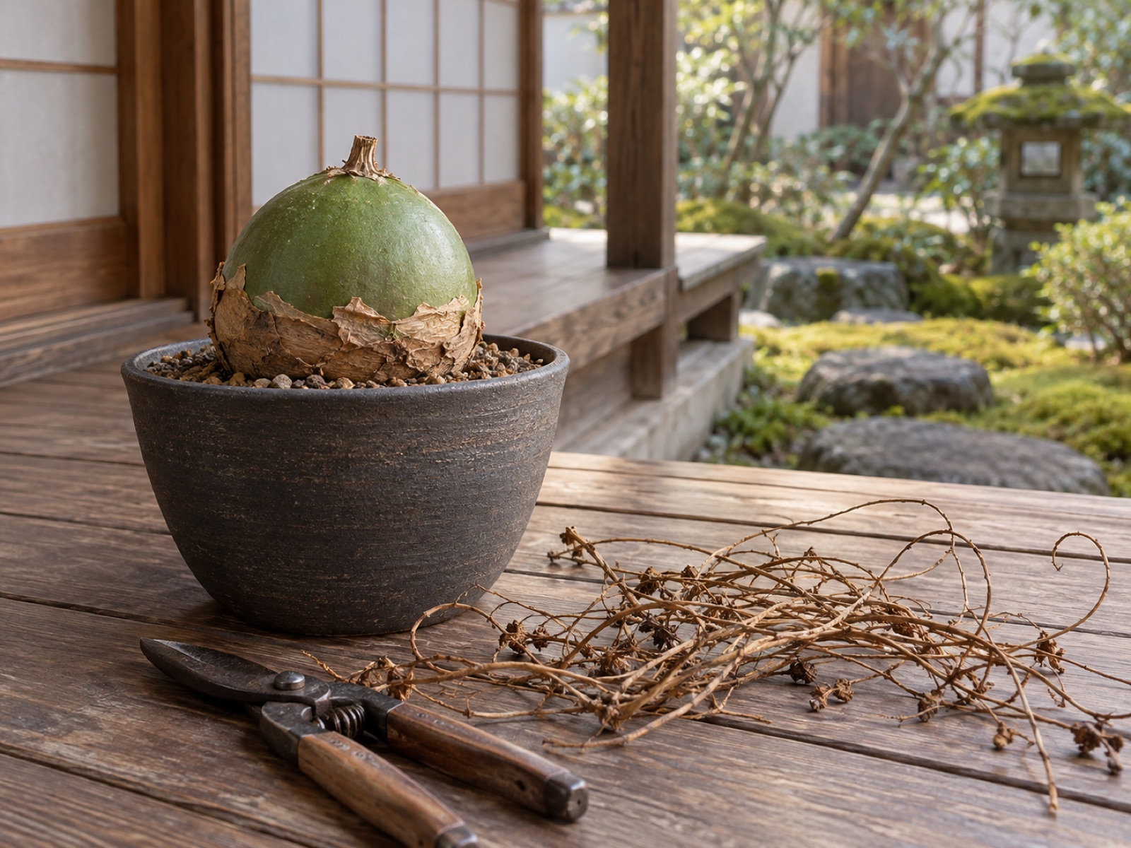 休眠中の蒼角殿。枯れたつるを根元で切り取り、緑色の丸い球根が茶色い薄皮に包まれて乾いた用土の上に座っている。手前に剪定ばさみと枯れたつる