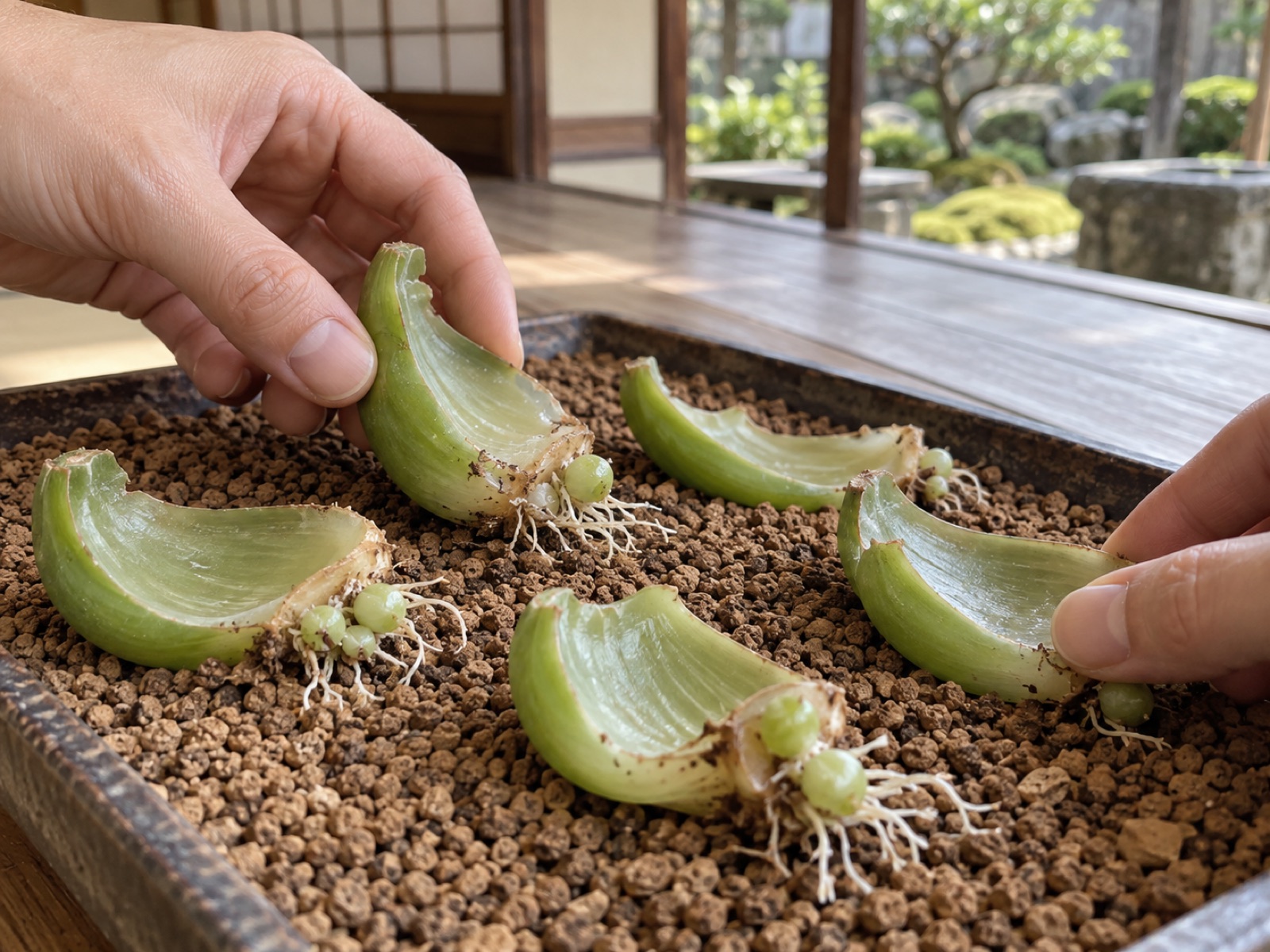蒼角殿の球根から外した肉厚の緑色の鱗片を、赤玉土を敷いた浅いトレーに並べている手元。付け根から白い根と小さな子球が出ている