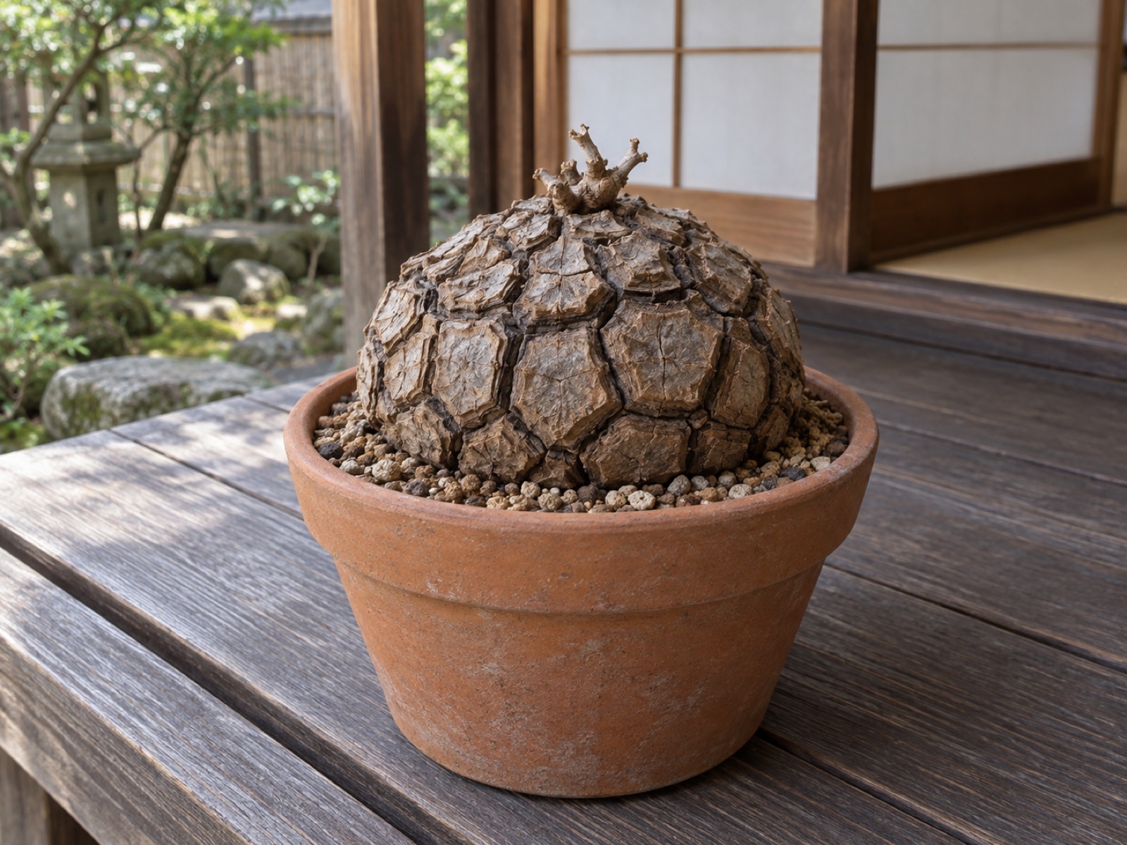 夏の休眠に入った亀甲竜。蔓と葉は枯れて切り取られ、深く割れた塊根だけが鉢に残っている