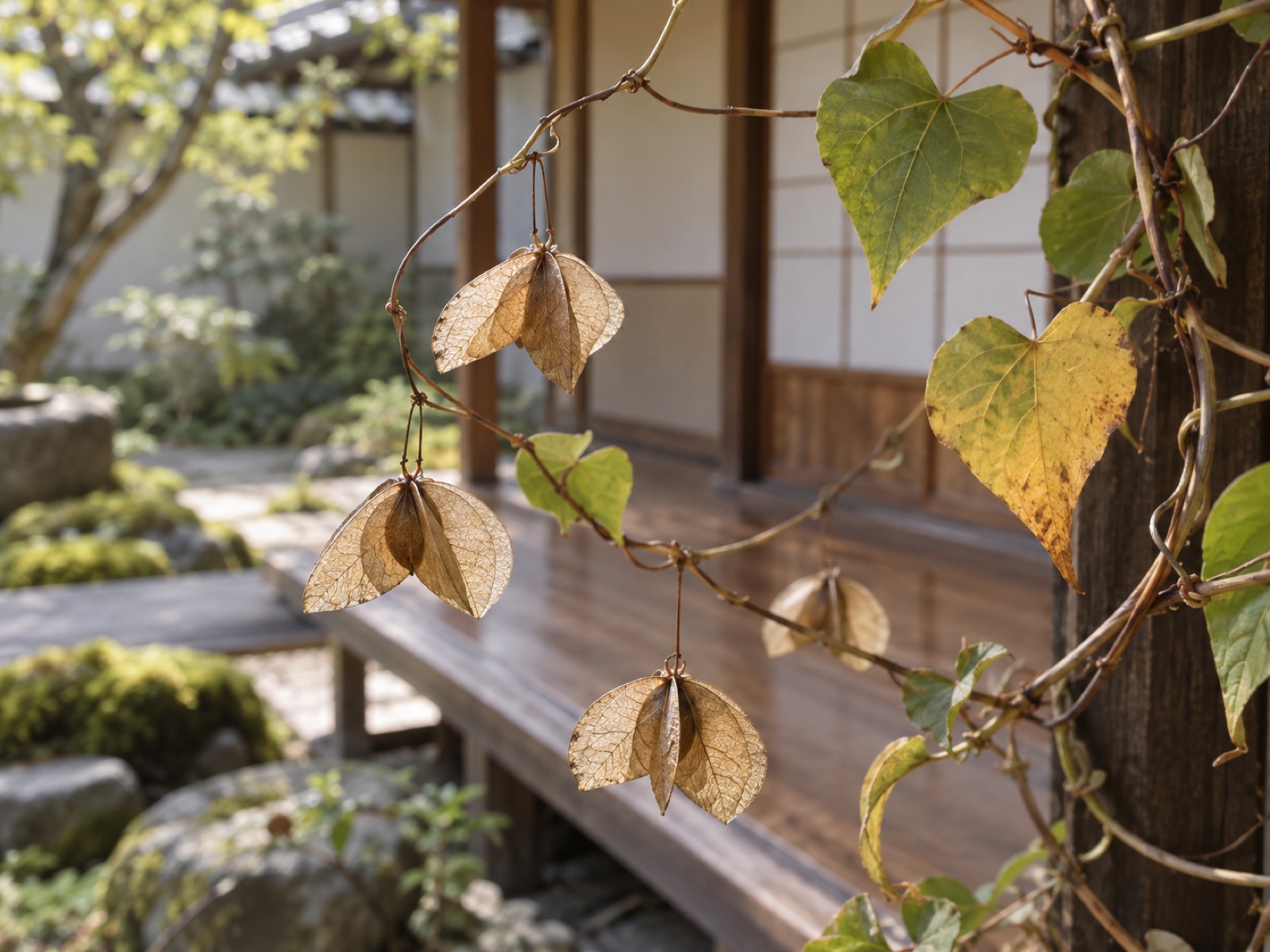 亀甲竜の雌株の蔓。黄ばみはじめたハート形の葉のあいだに、3枚の翼をもつ紙のような種のさやが下がっている