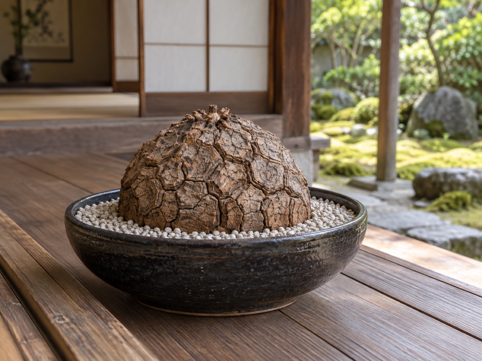 夏の休眠中の亀甲竜。黒っぽい釉薬の浅く広い鉢に、多角形に割れた塊根が半分ほど土から出て据わっている