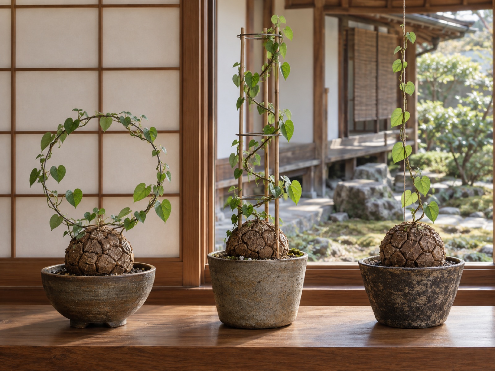 窓辺の棚に並んだ3鉢の亀甲竜。左は針金の丸い輪の支柱、中央は細い棒と輪で組んだあんどん支柱、右は蔓を窓の上へ紐で誘引している