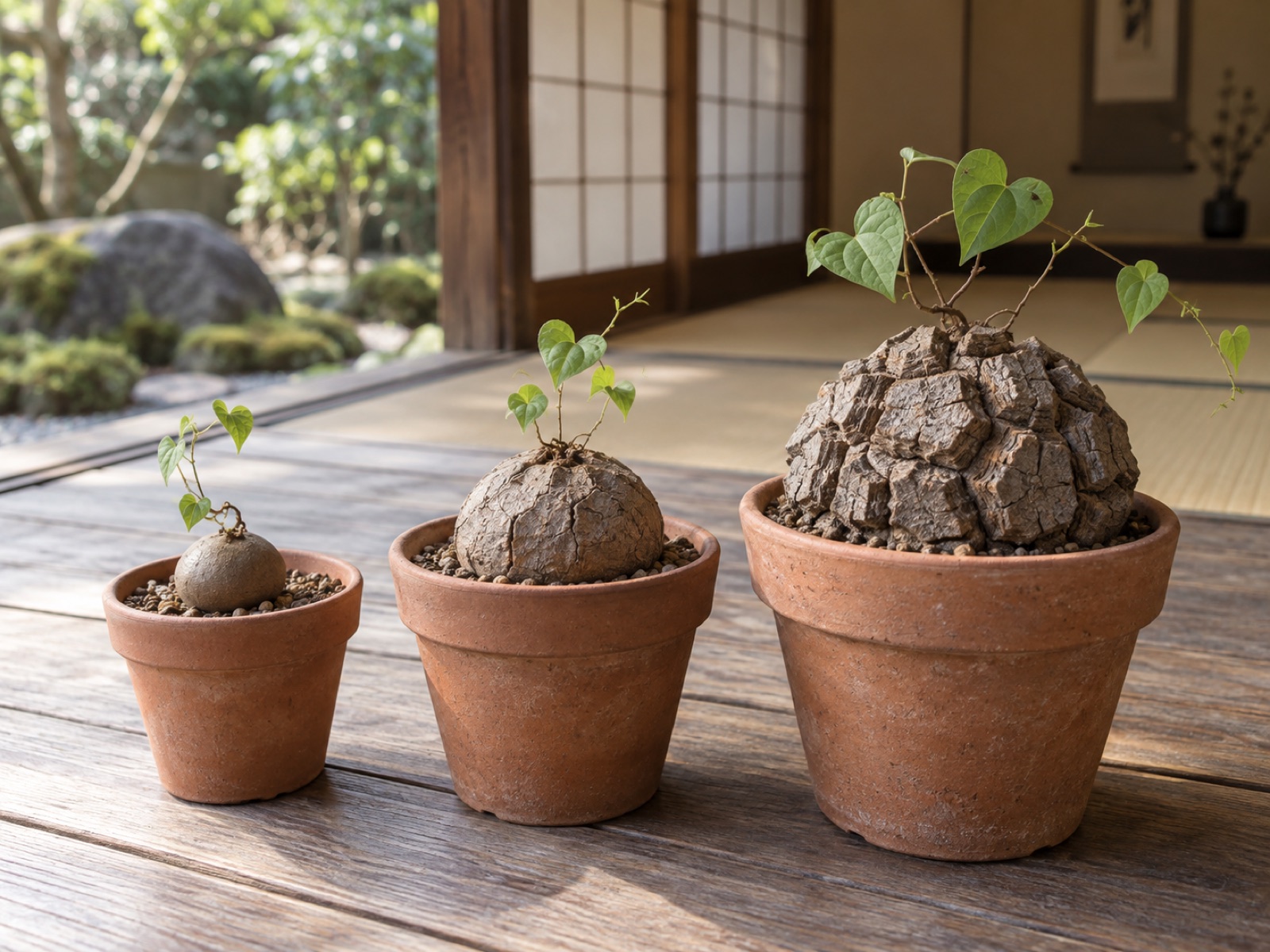 大きさの違う亀甲竜が3鉢並んでいる。左はまだ表面のなめらかな小さな塊根、中央は浅い亀裂の入った塊根、右は深く割れて多角形の面が並んだ塊根