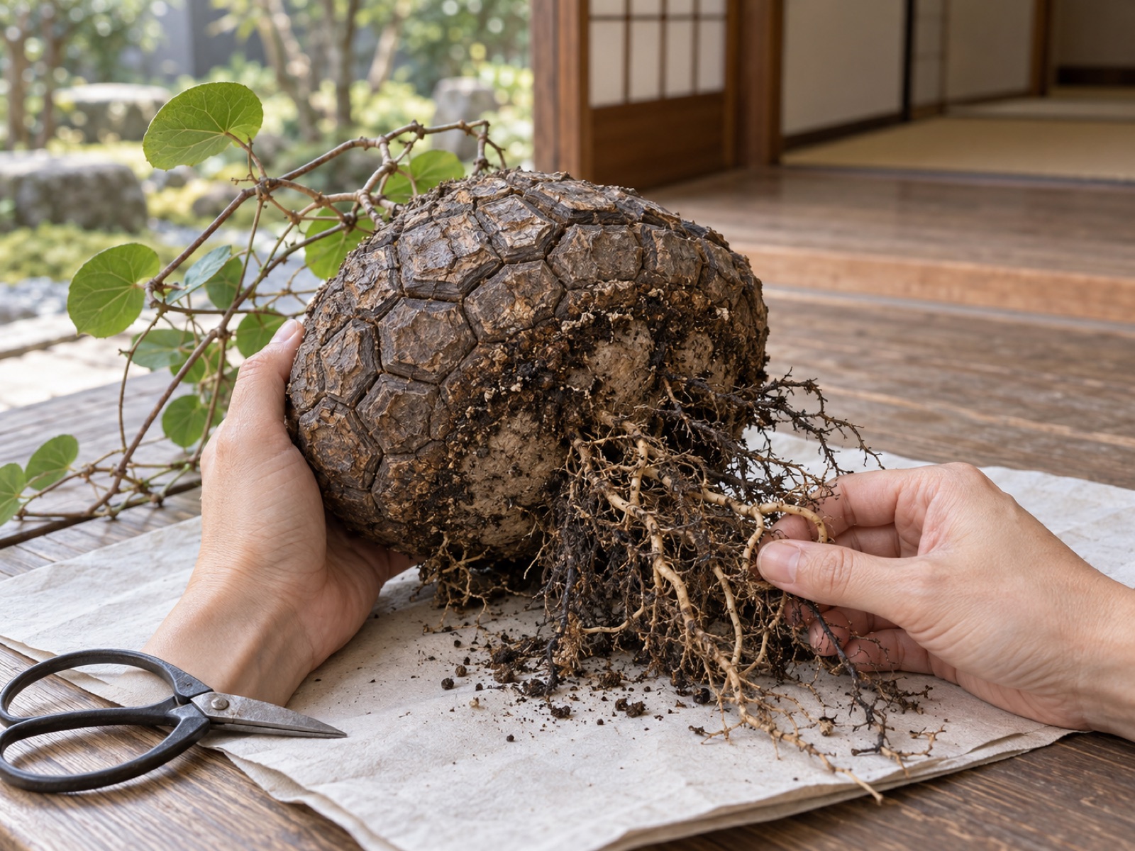 鉢から抜いた亀甲竜を両手で持ち、紙の上で塊根の下側と根の状態を確かめている。一部の根が黒ずんで細く傷んでいる