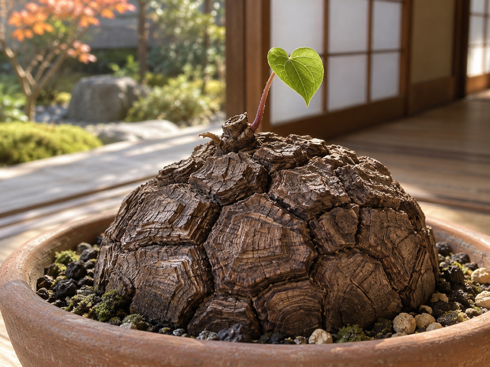 秋の亀甲竜。亀甲状に割れた塊根の、去年の蔓を切った跡のそばから、赤みのある細い芽が伸びている
