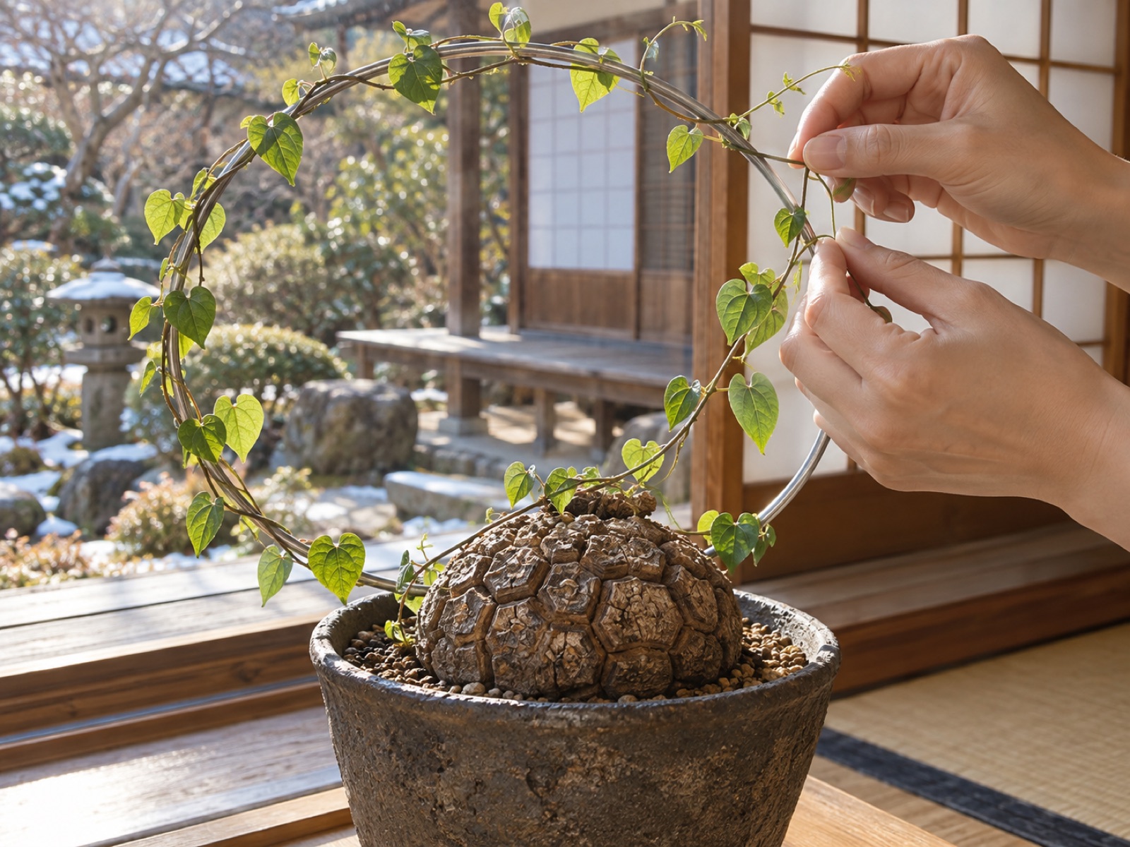 冬の窓辺で、亀甲竜の長い蔓を輪の形の針金支柱に何周も巻き取っている手元。ハート形の葉が輪に沿って並び、鉢の中央に亀裂の入った塊根がある