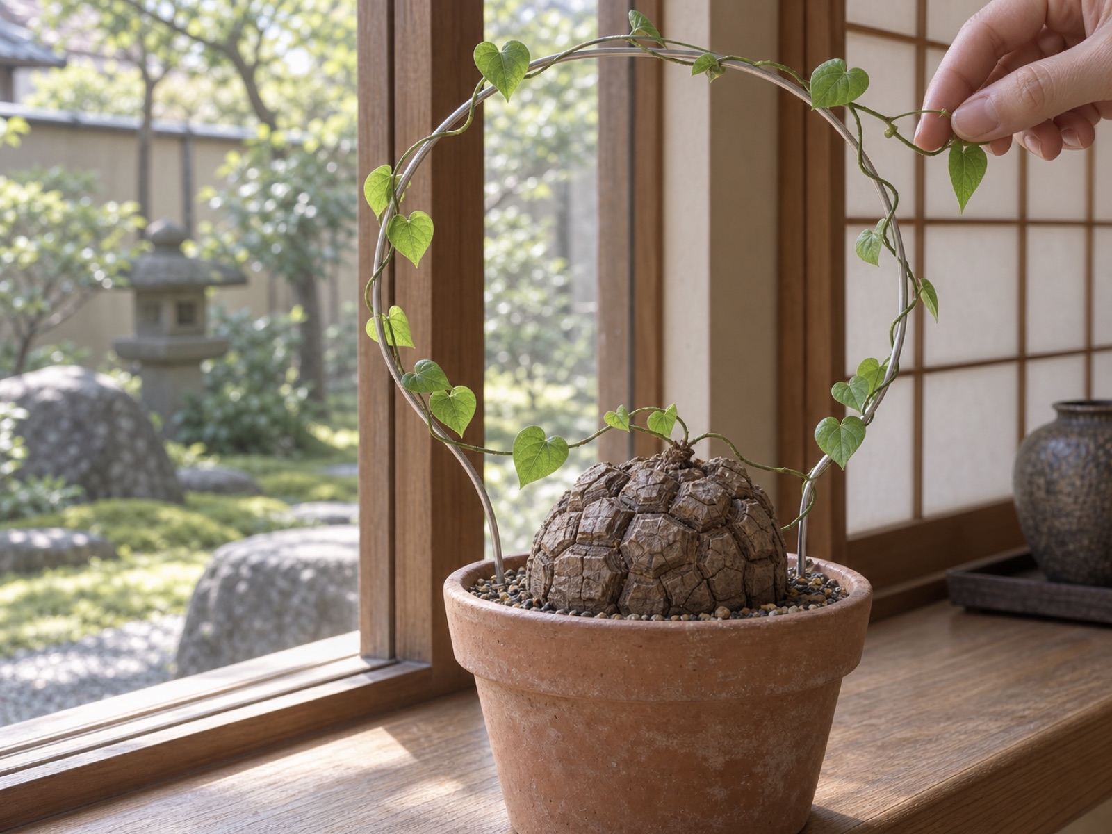 亀甲竜の蔓を針金の支柱に誘引しているところ。細い蔓が針金に巻きつき、ハート形の葉が並んでいる
