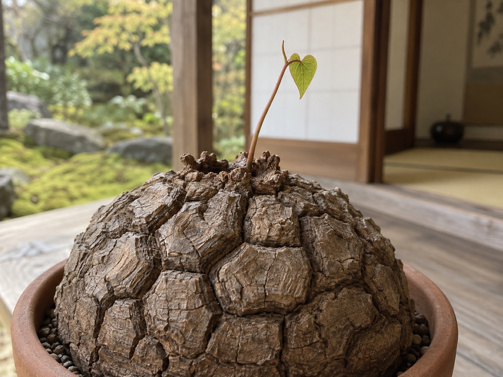 秋の亀甲竜。亀甲状に割れた塊根の頭から、赤みのある細い芽が1本伸び、小さなハート形の葉が開いている