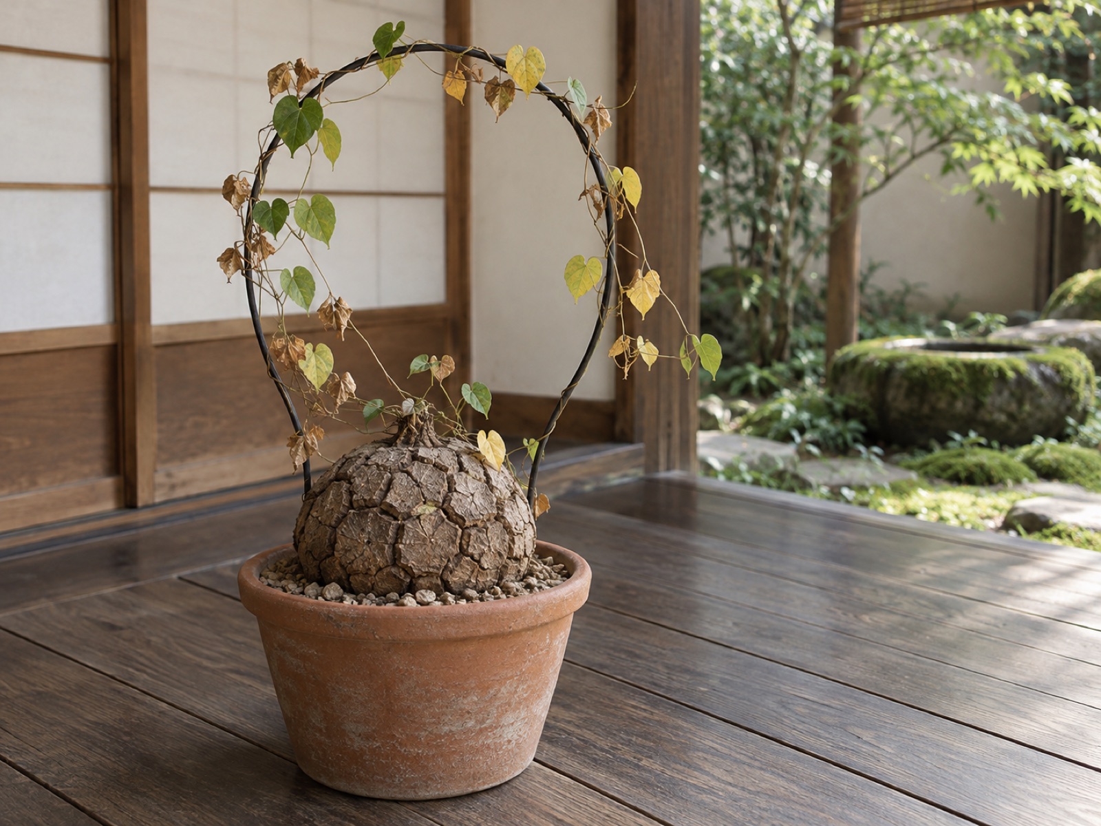 初夏の亀甲竜。針金の支柱に絡んだ蔓のハート形の葉が、黄色や茶色に変わりはじめている