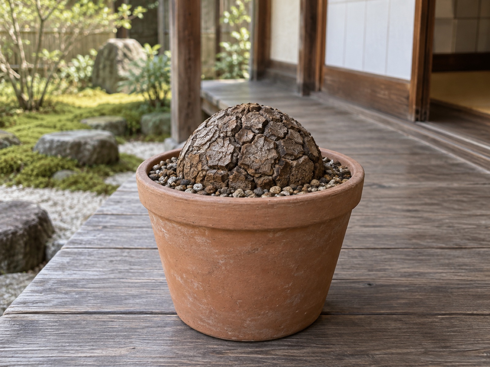一回り大きい素焼き鉢に植え替えた亀甲竜。甲羅のように割れた塊根の上半分が乾いた用土の上に出ている