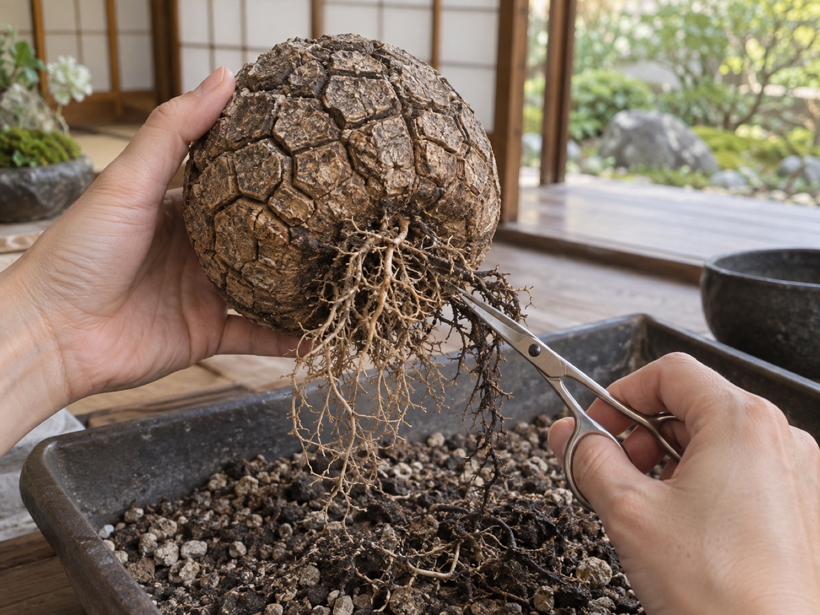 休眠中の亀甲竜を片手で持ち、塊根の下に出た細い根のうち黒く傷んだ根をハサミで切っている手元