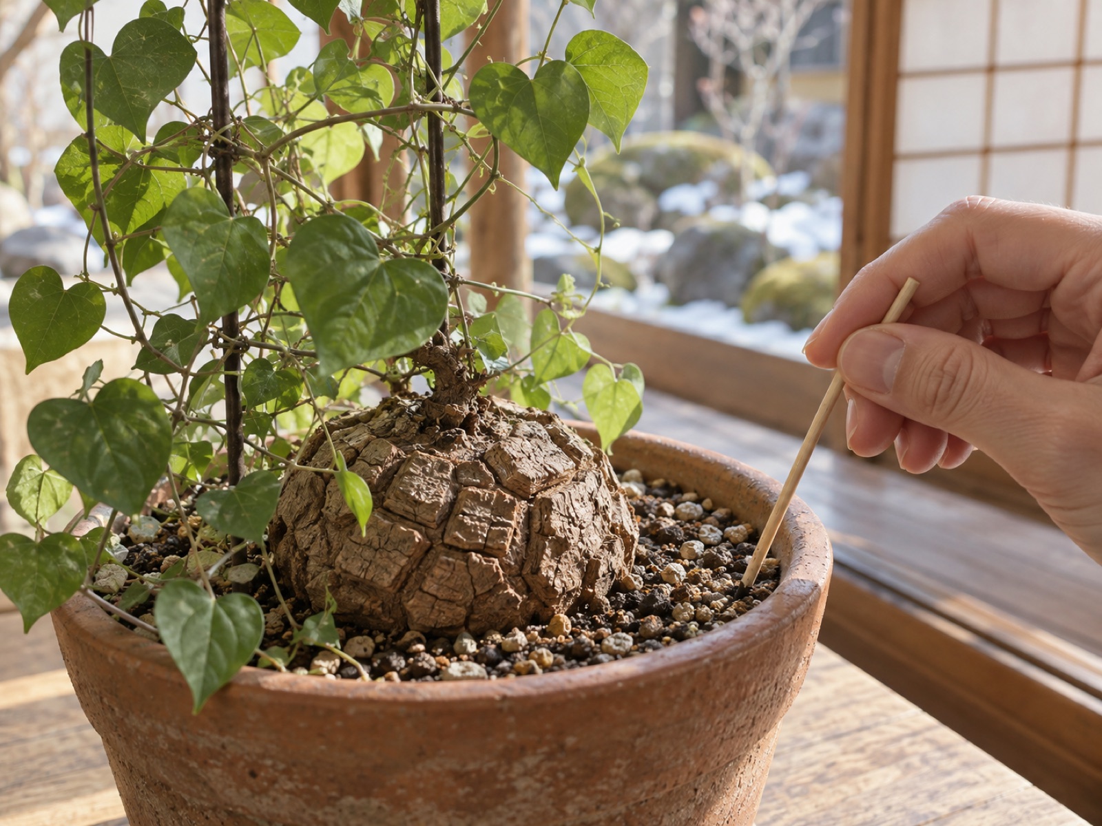 冬の窓辺で、ハート形の葉が茂った亀甲竜の鉢の縁に竹串を挿して、土の乾き具合を確かめている手元