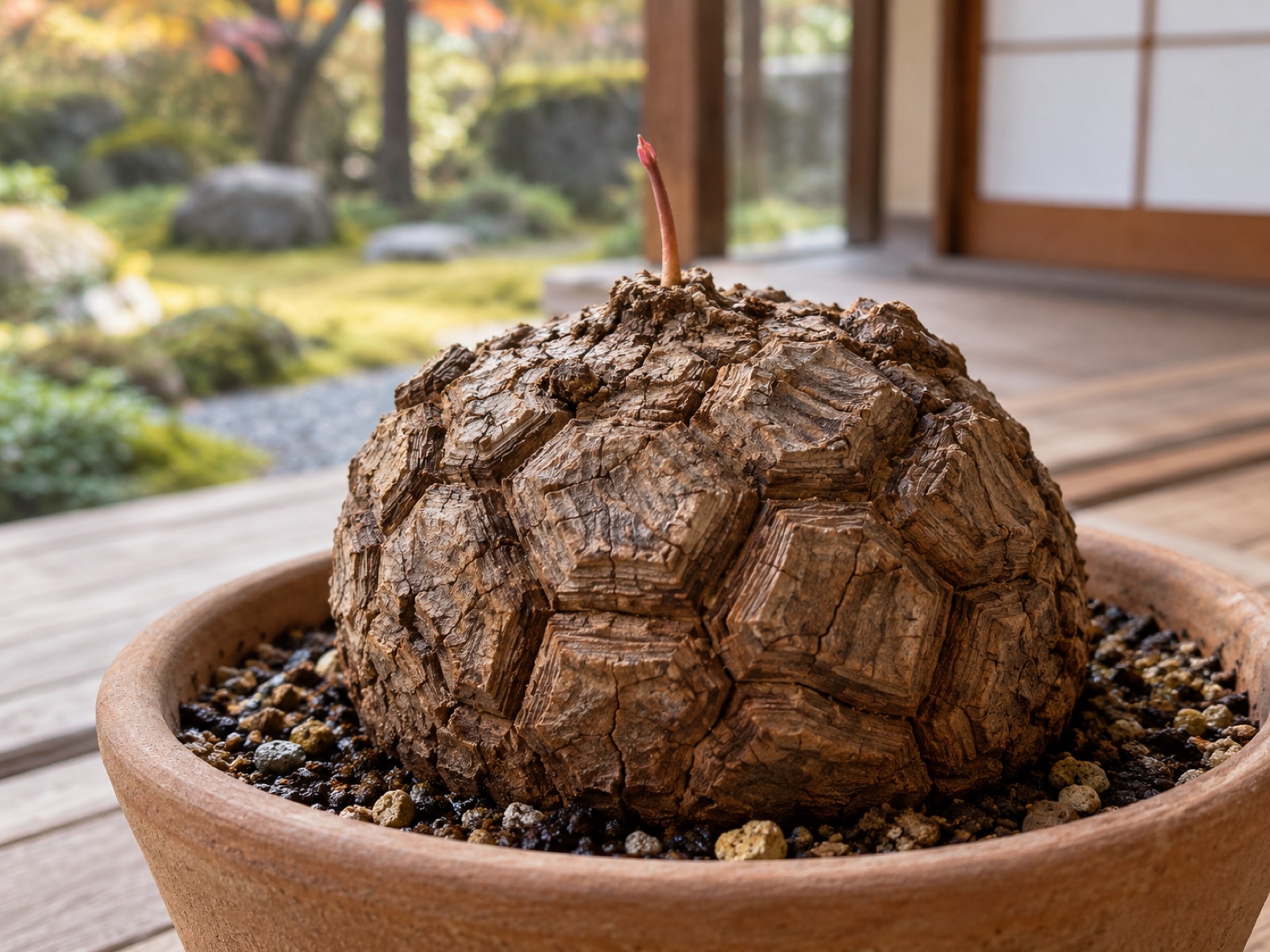 素焼き鉢に植わった亀甲竜の、甲羅状に割れた塊根の頭頂から細く赤みのある芽が伸び出している様子