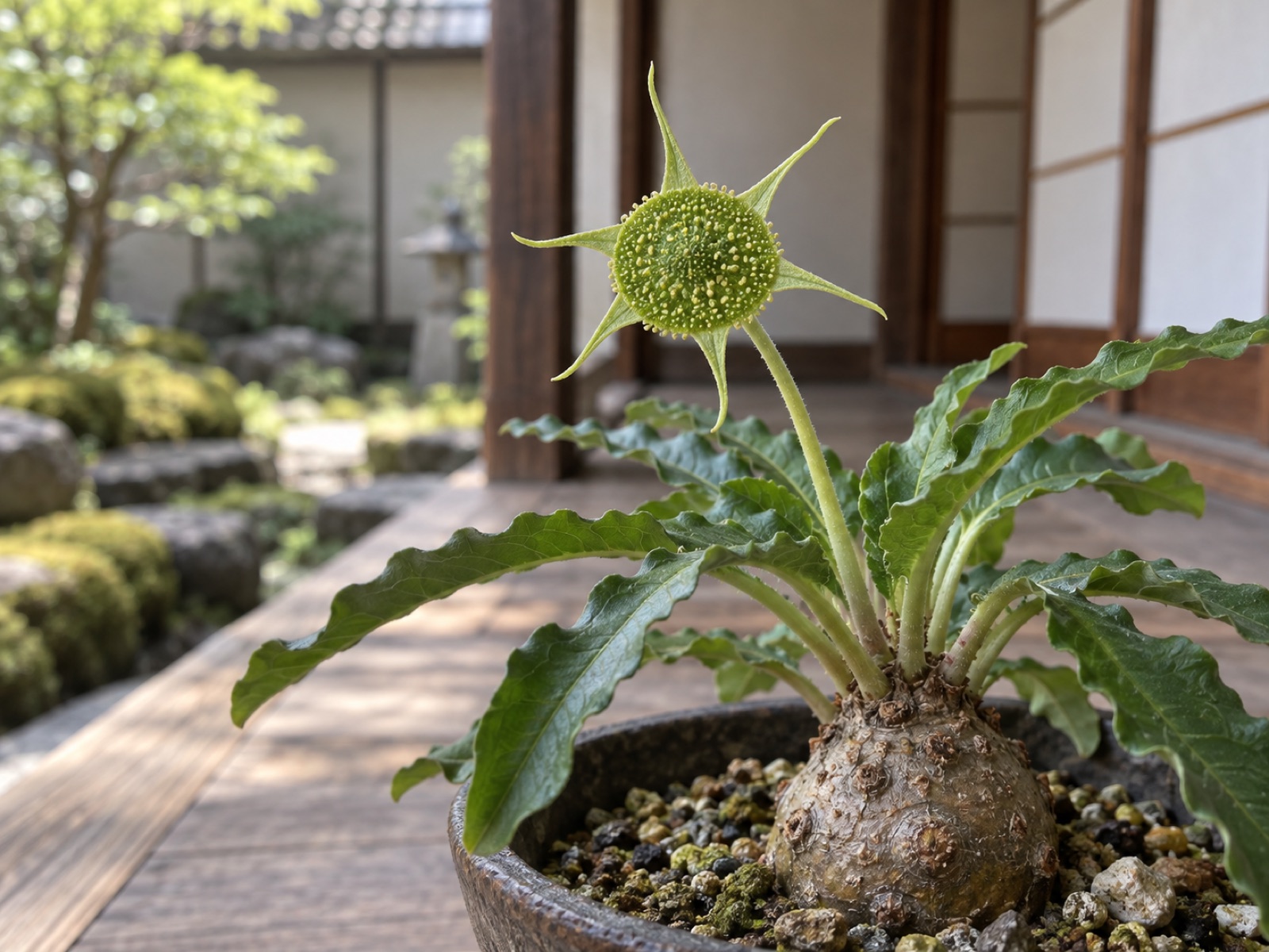 ヒトデのような形をしたドルステニア・フォエチダの花のアップ。平たい緑の円盤のふちから細い突起が放射状に伸びている