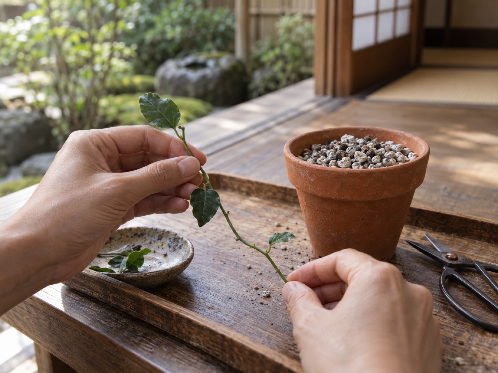 火星人の蔓を節が付くように切り分け、小さな素焼き鉢と用土のそばに並べている手元